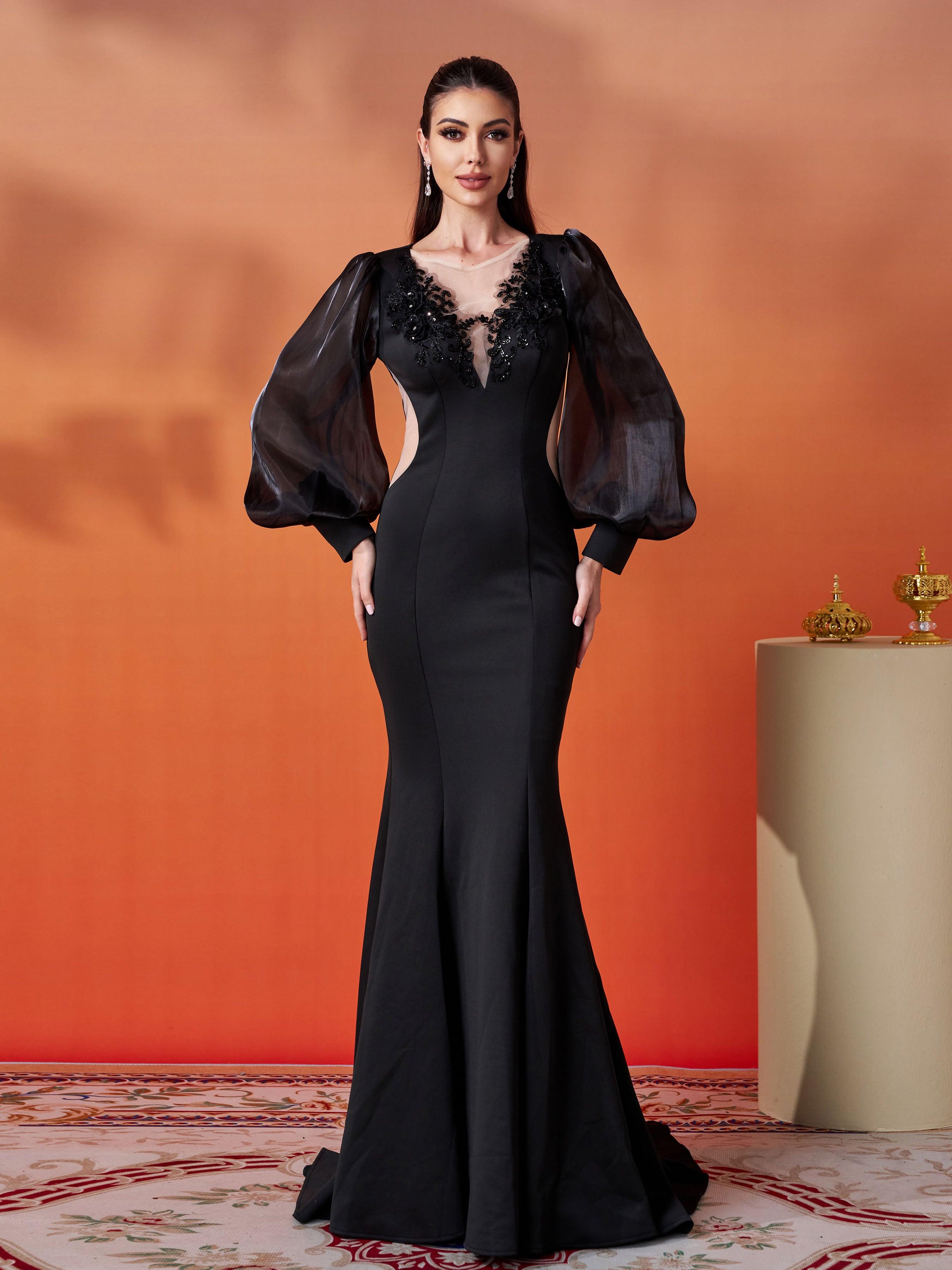 Black Embroidery Floor Length Puff Sleeve Dress DH80308 - MISS ORD