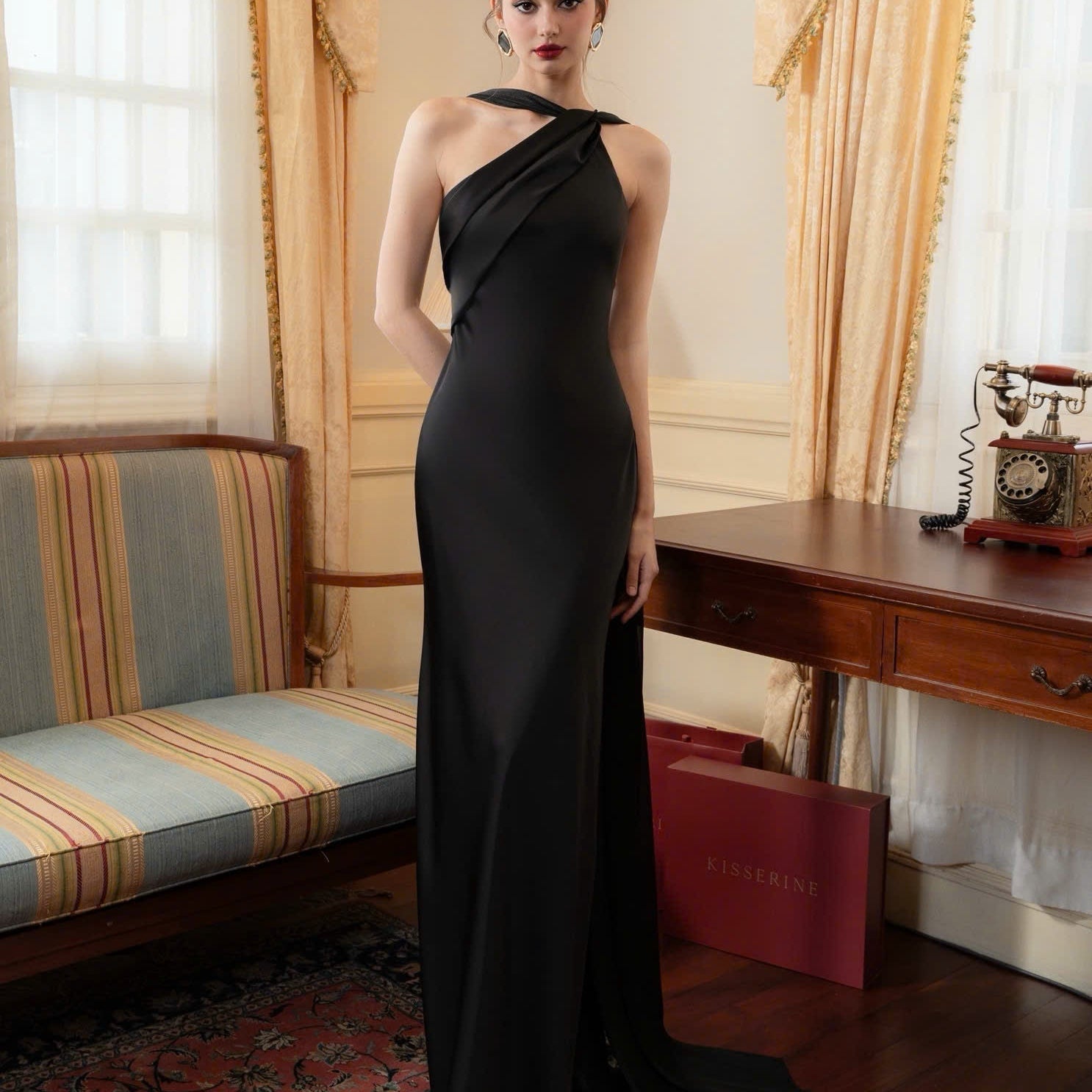 One Shoulder Draped Cape Backless Satin Evening Dress