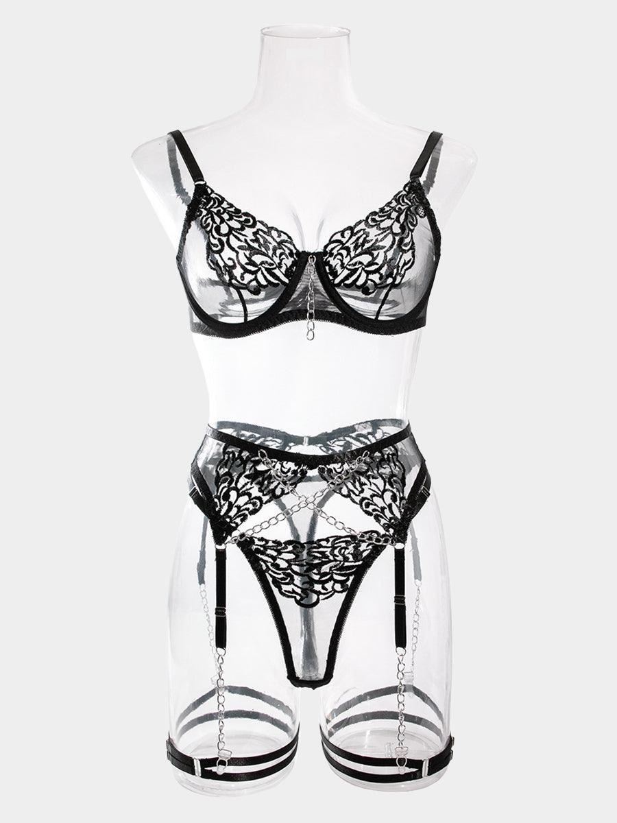 Metal Chain Embroidered Sexy Lingerie 4 Piece Set MSL034 - MISS ORD