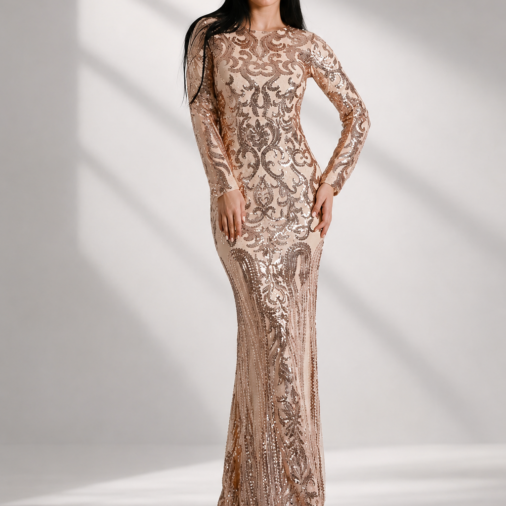 Formelles Langarm-Abendkleid mit Pailletten FT8578