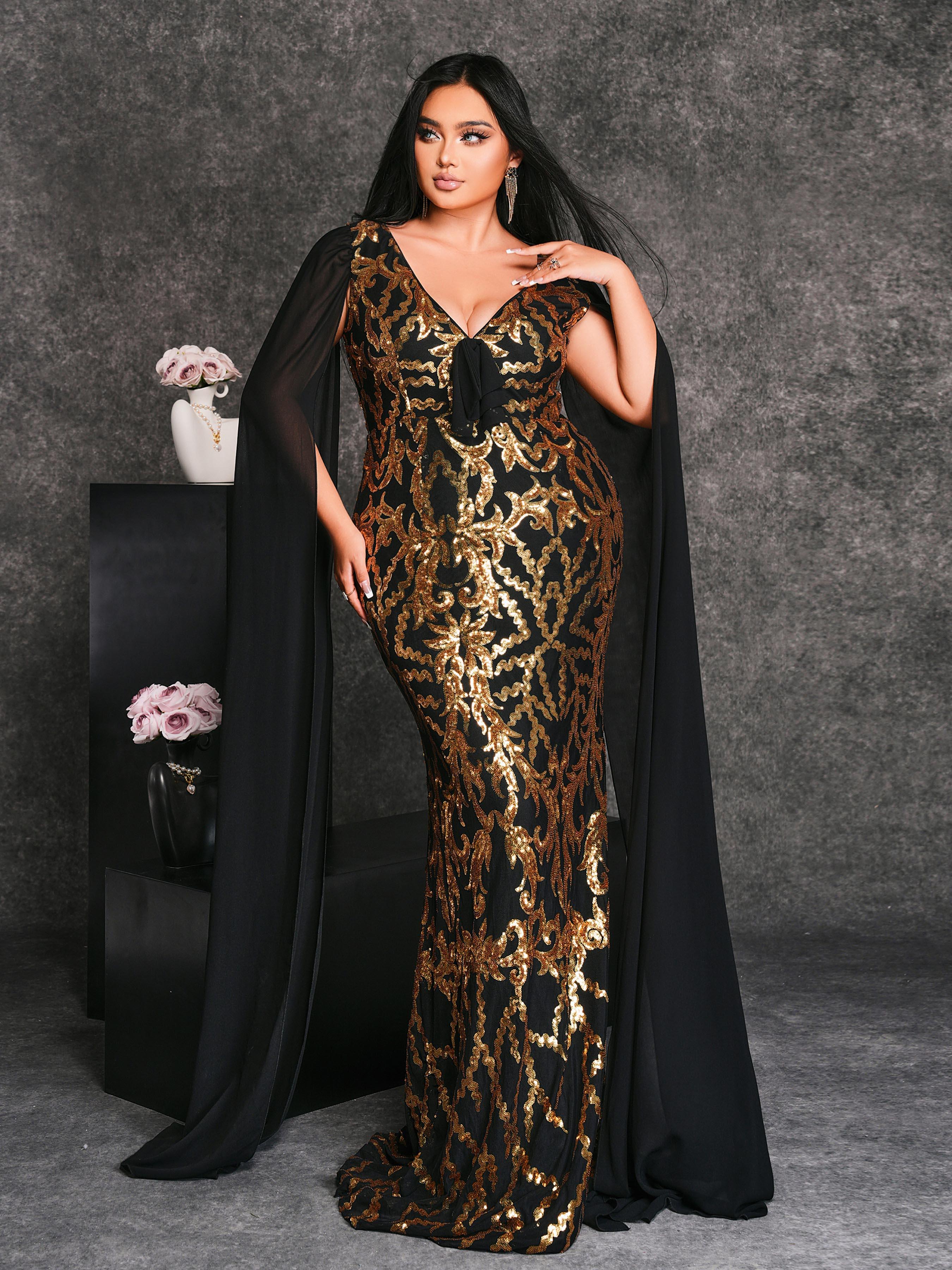 Plus V-neck Cape Sleeve Formal Dress PRX70124 - MISS ORD