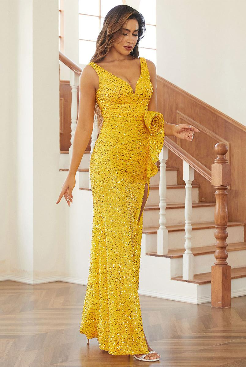 Double V Split Sequin Prom Dress XH2409 - MISS ORD