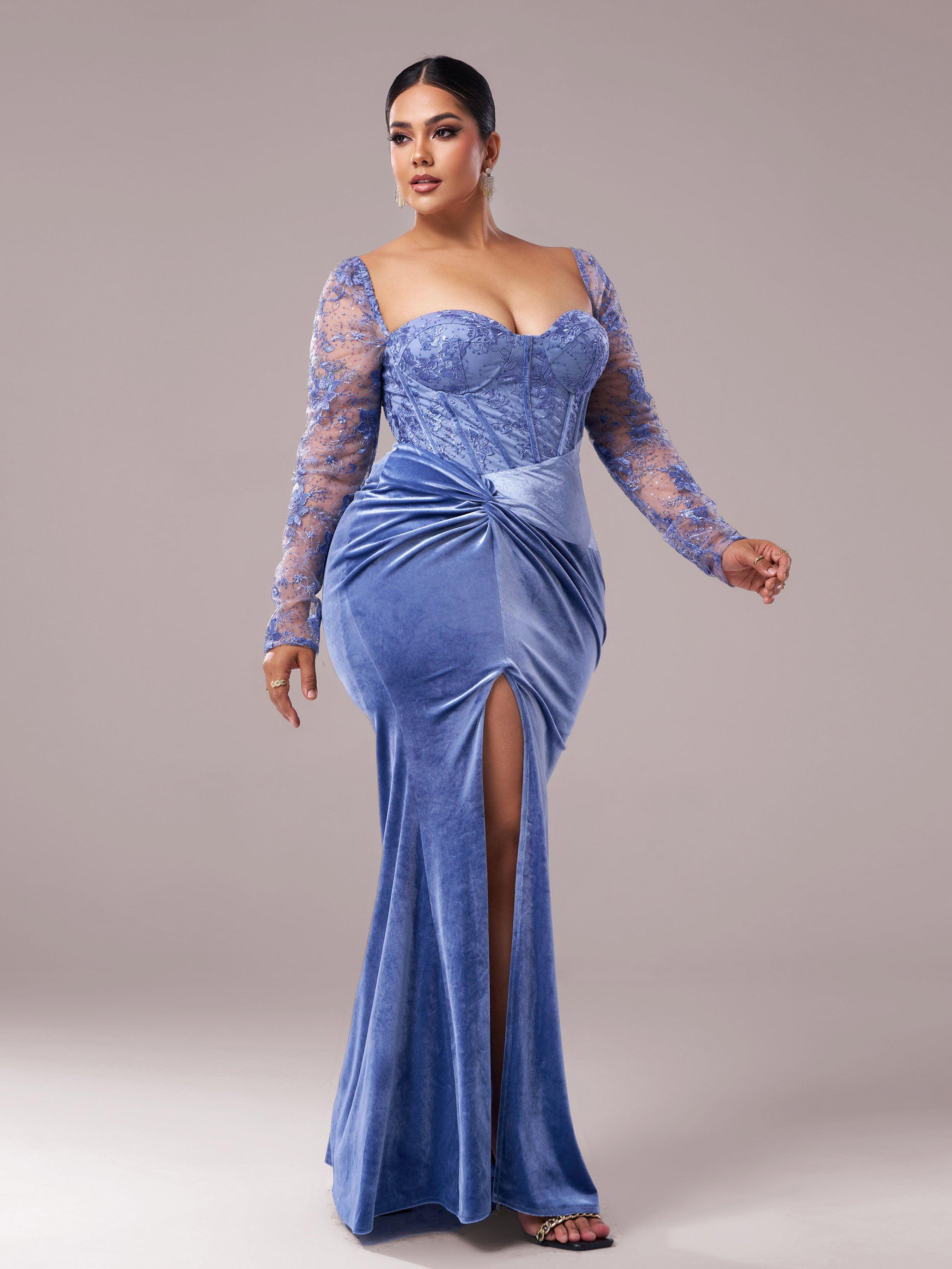 Plus Blue Corset Embroidered Split Prom Dress PRX70249 - MISS ORD