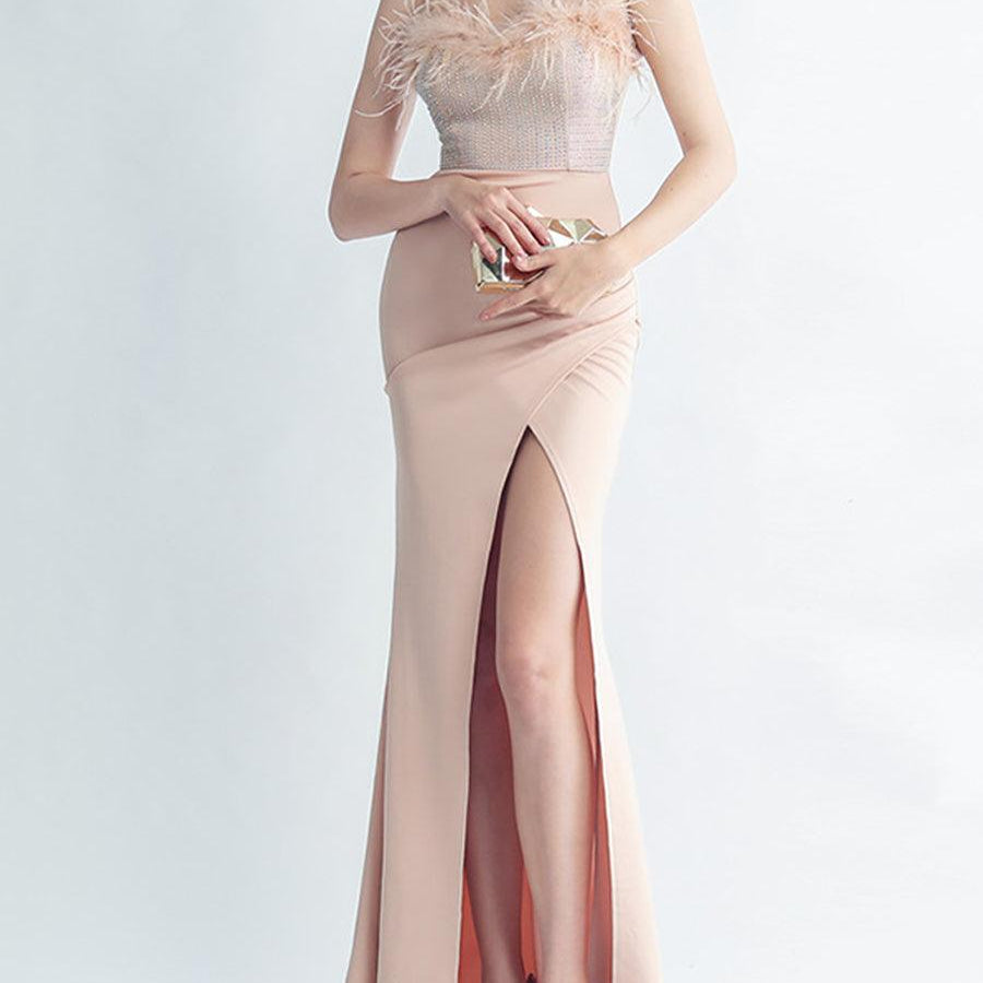 Feather Spaghetti Rhinestone Formal Dress GM90015 - MISS ORD