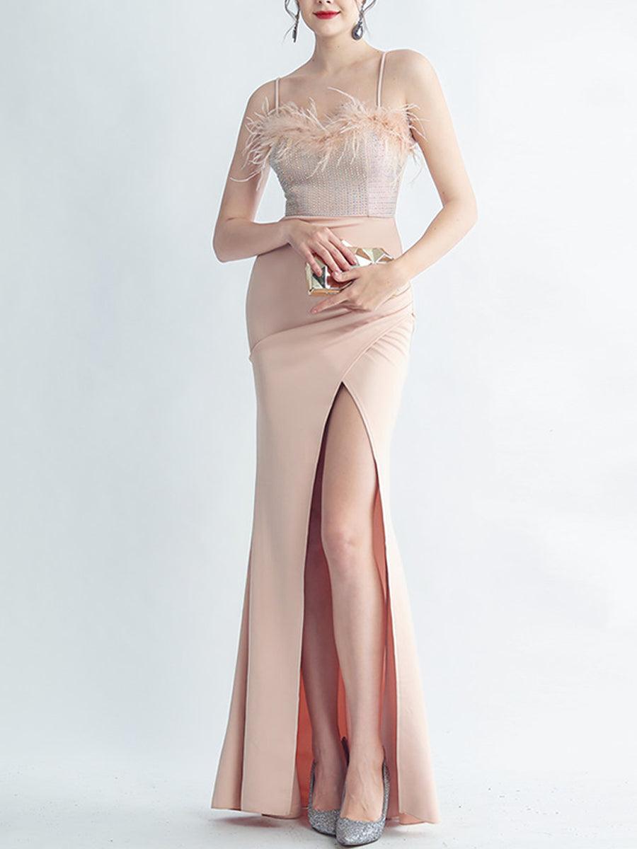 Feather Spaghetti Rhinestone Formal Dress GM90015 - MISS ORD