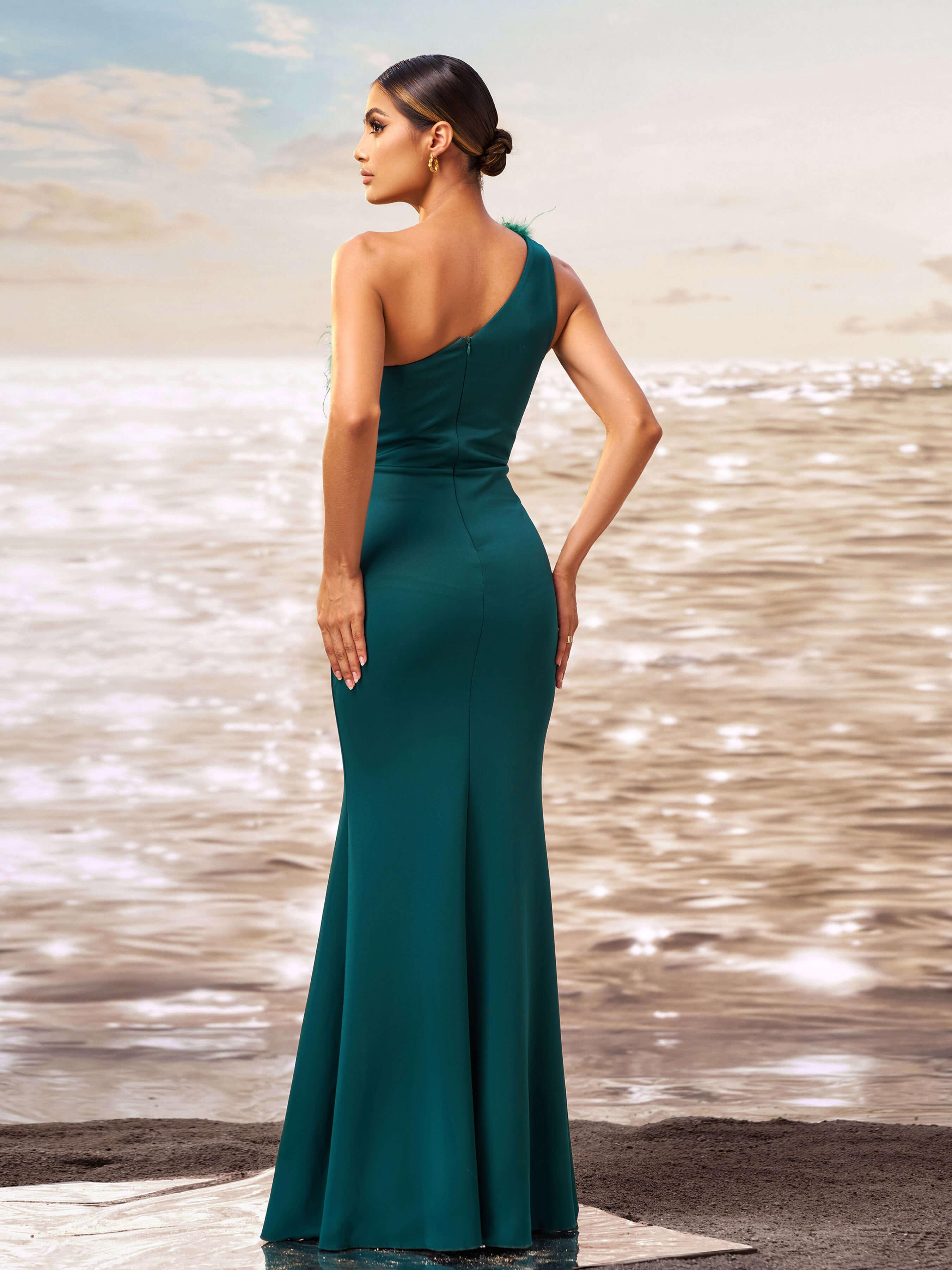 One Shoulder Feather Cutout Formal Dress GM90010 - MISS ORD