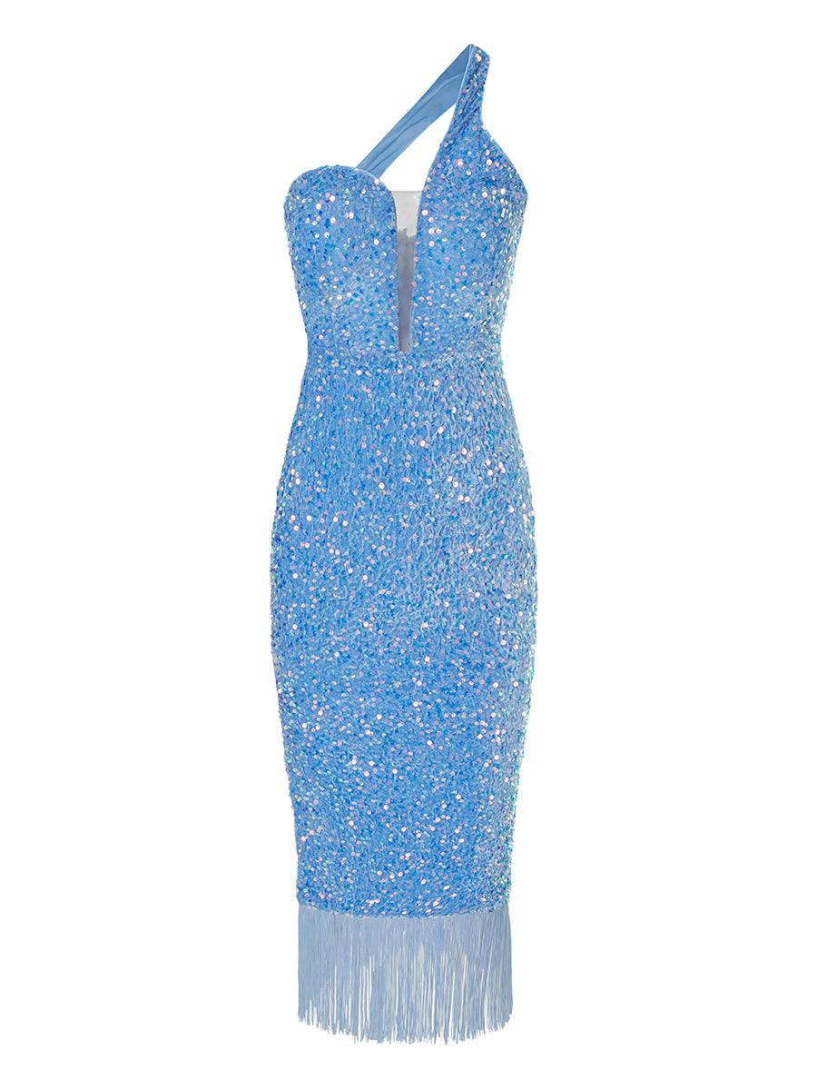 One Shoulder Fringed Midi Dress M02182 - MISS ORD