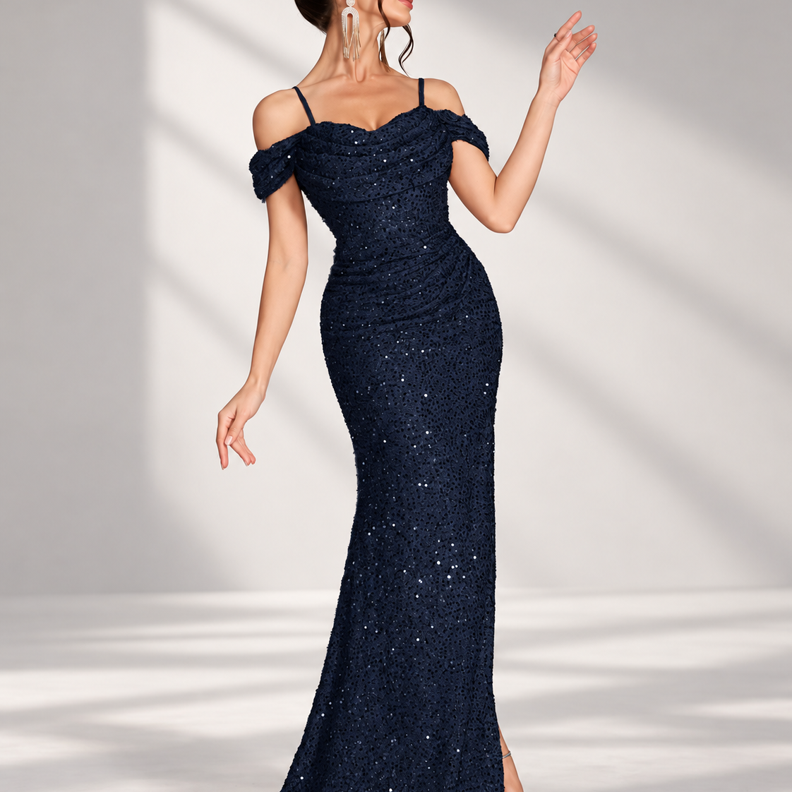 Off Shoulder Sequin Ruched High Slit Mermaid Evening Dress