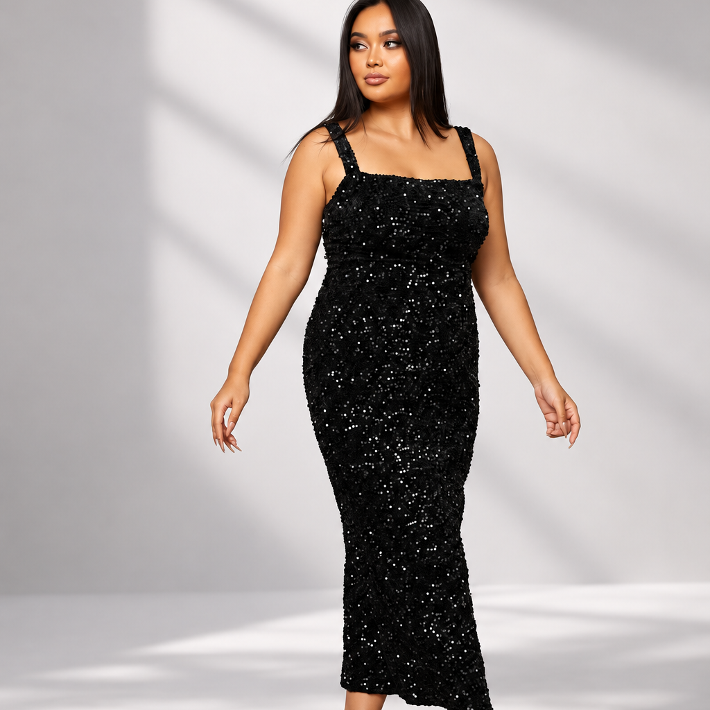 Plus Size Square Neck Sleeveless Sequin Midi Dress PXJ468