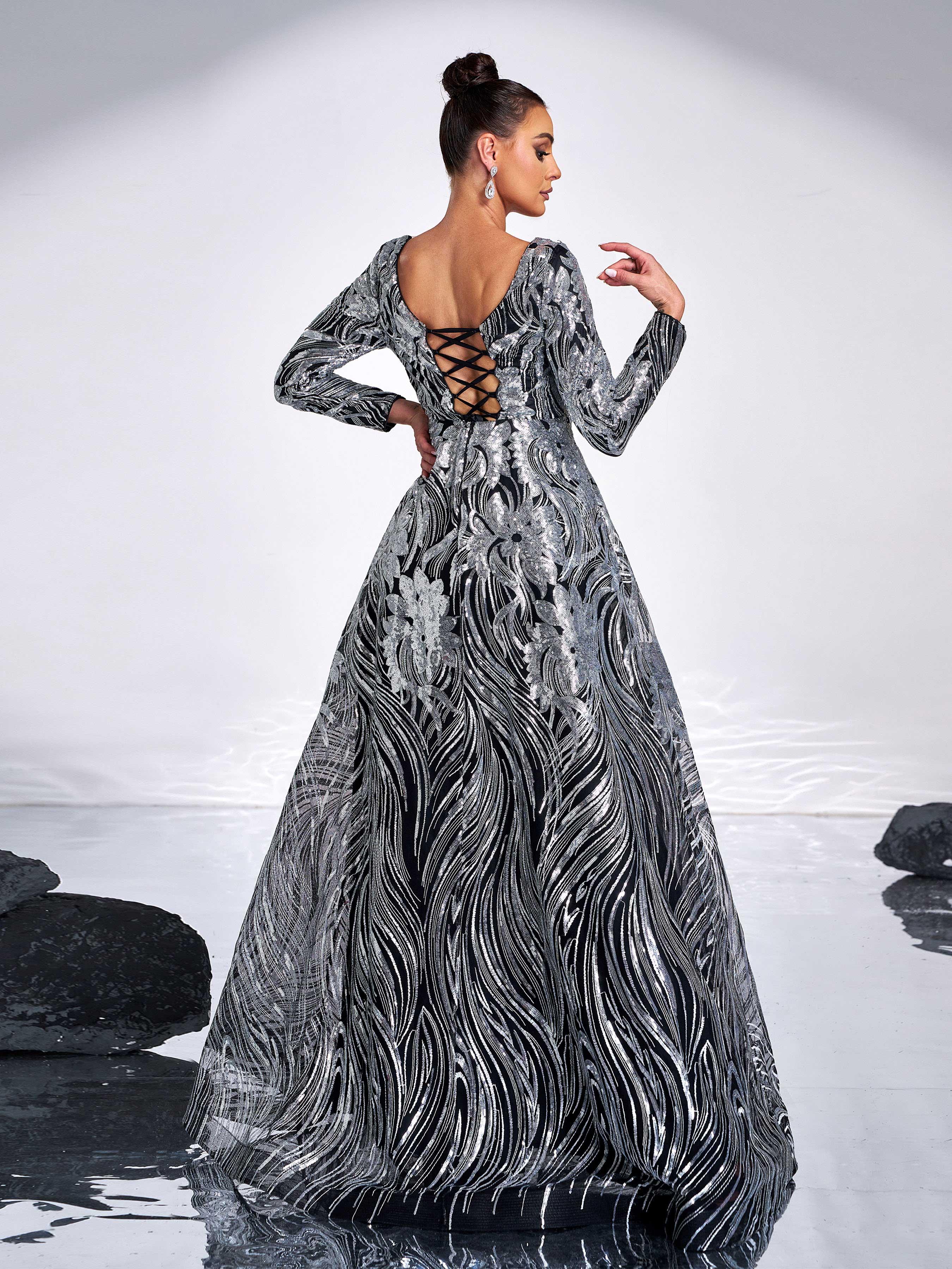 Black Panel A-line Sequin Evening Dress GM00588 - MISS ORD