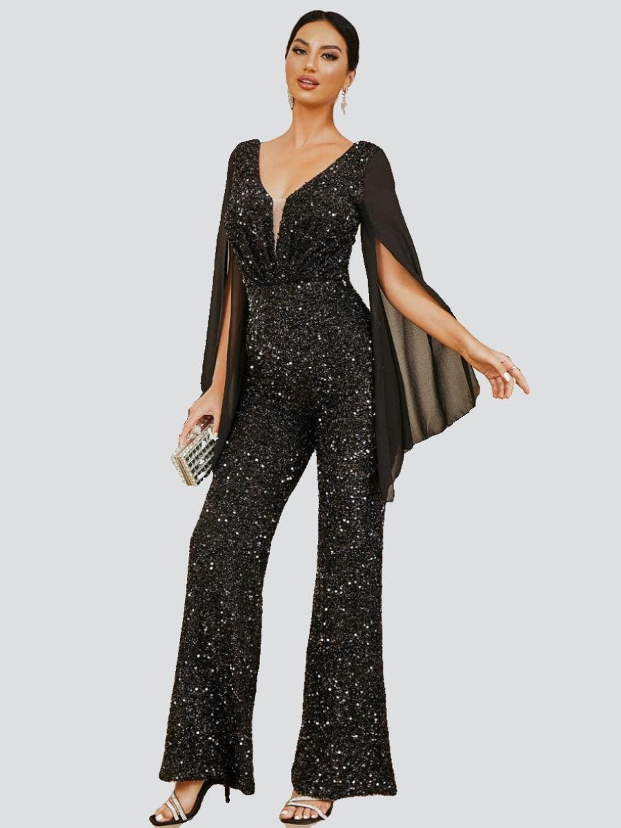V-Neck Glitter Mesh Sleeve Jumpsuits RJ10086 - MISS ORD