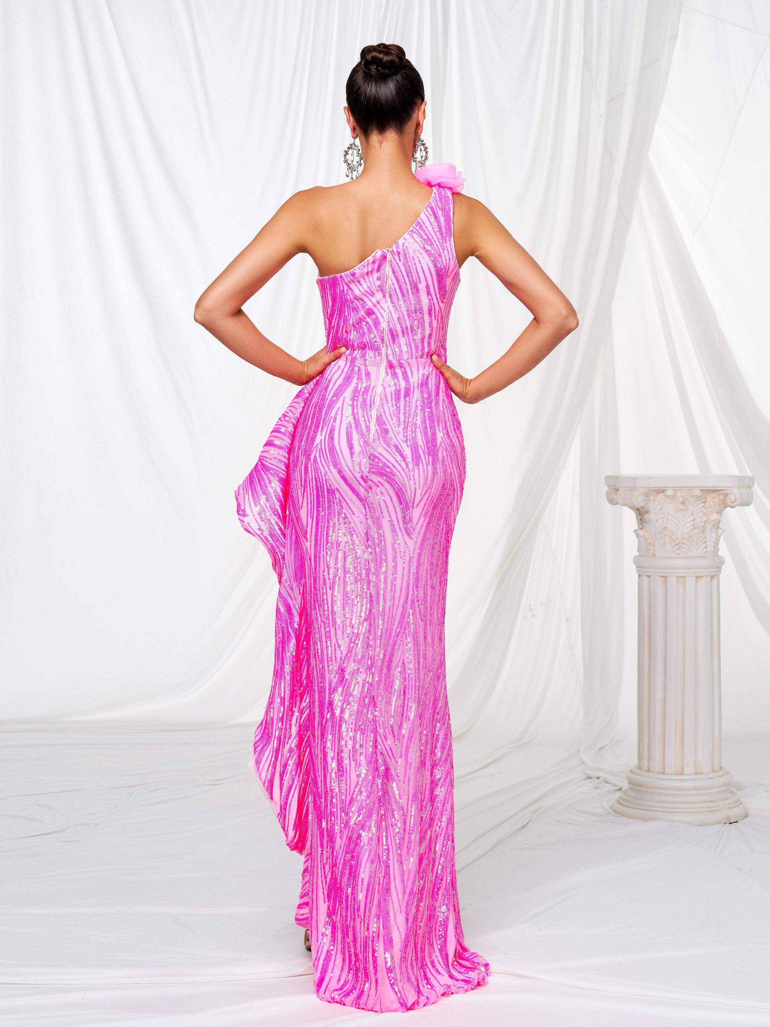 Appliqued One Shoulder Split Sequin Dress GM00079