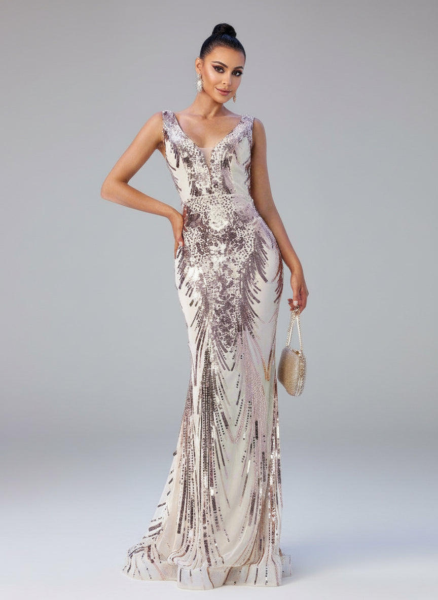 V-neck Sleeveless Mermaid Sequin Formal Dress RM21551 - MISS ORD