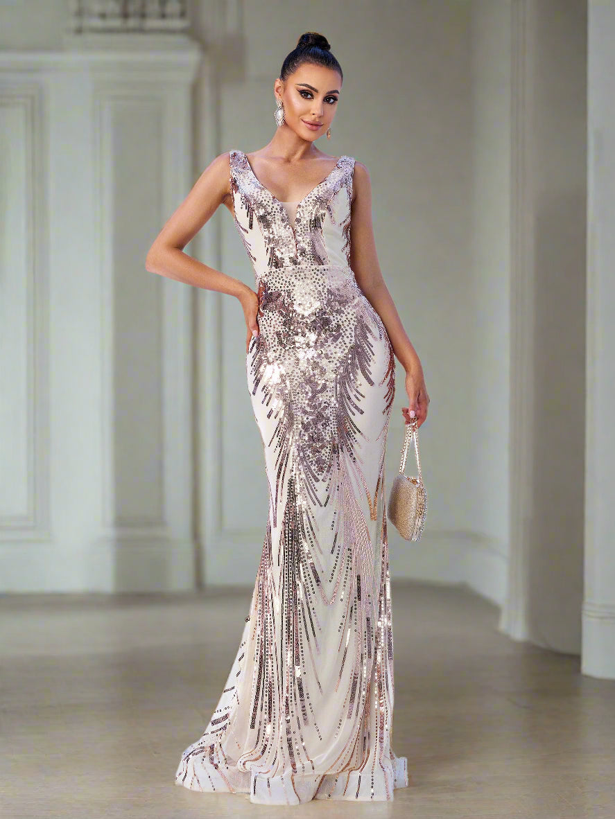 V-neck Sleeveless Mermaid Sequin Formal Dress RM21551 - MISS ORD