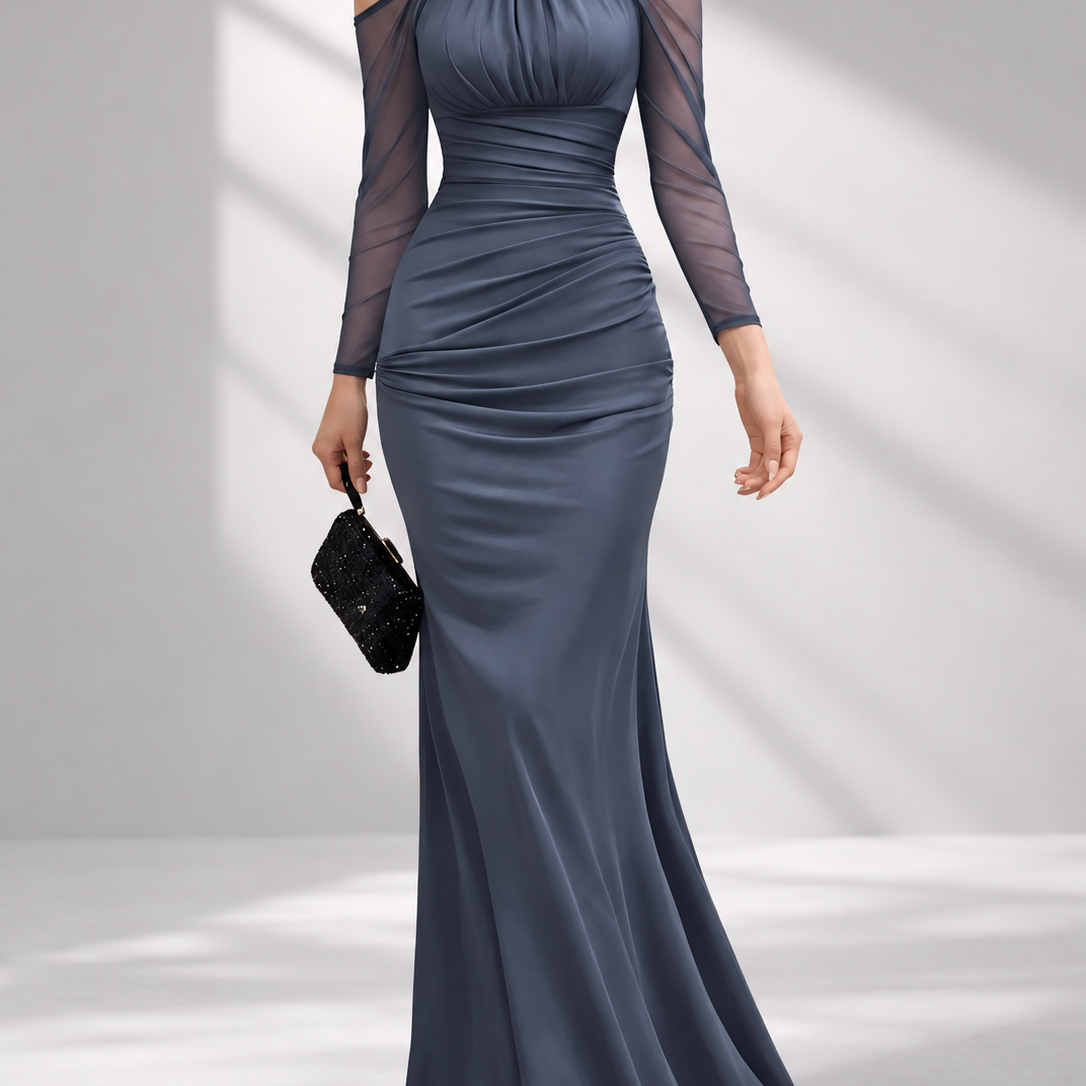 Mesh Halter Neck Long Sleeve Ruched Mermaid Maxi Evening Dress