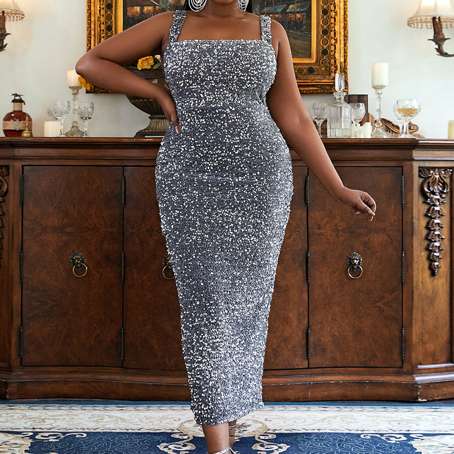 Plus Size Square Neck Sleeveless Sequin Midi Dress PXJ468