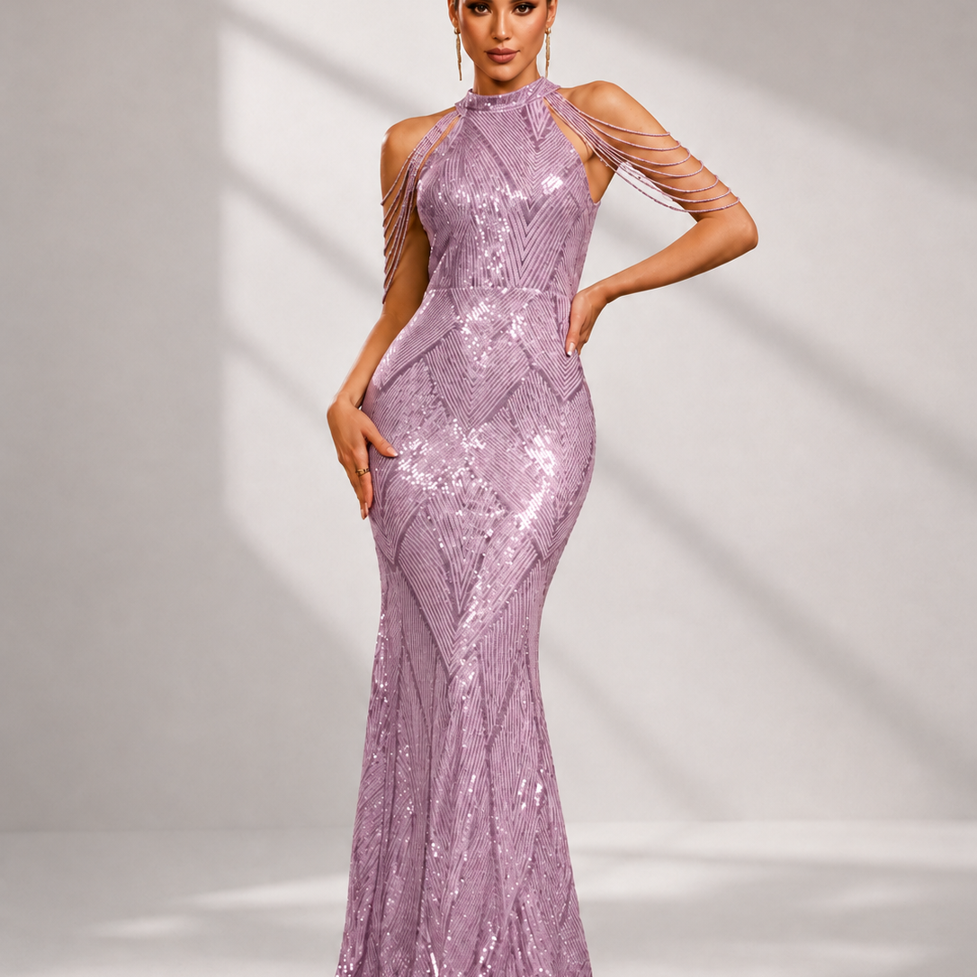 Cold Shoulder Beads Chain Cocktail Dress M01081