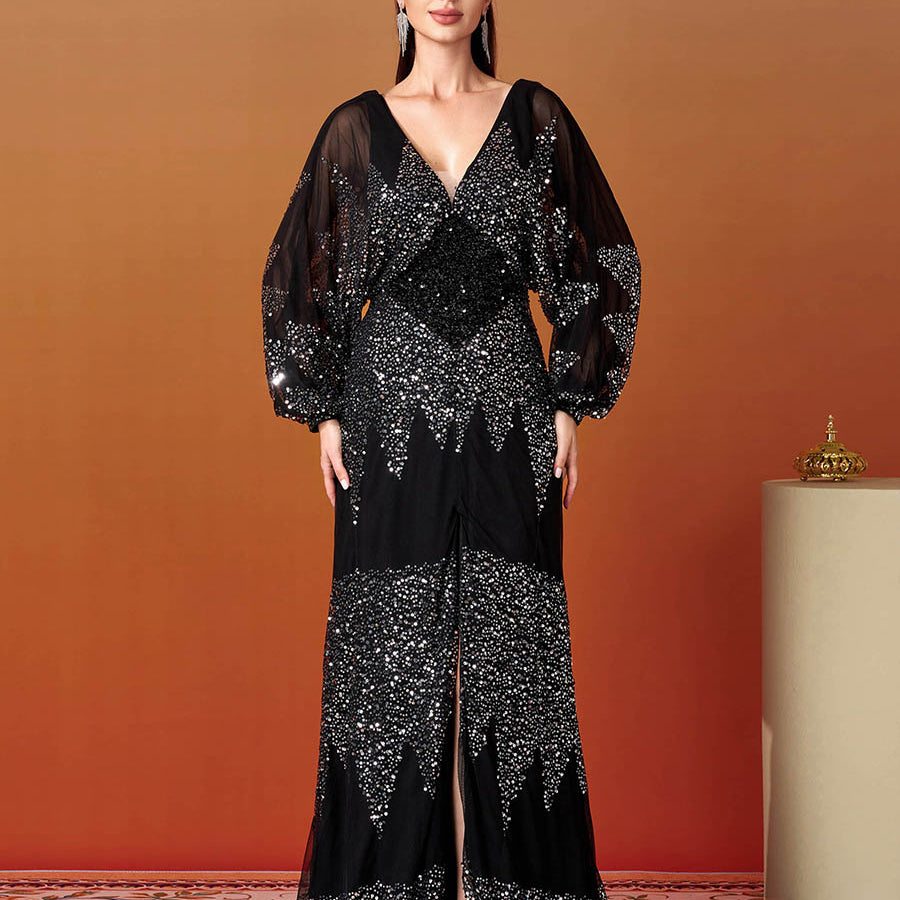 Lantern Sleeve V-Neck High Split Black Prom Dress RM21107