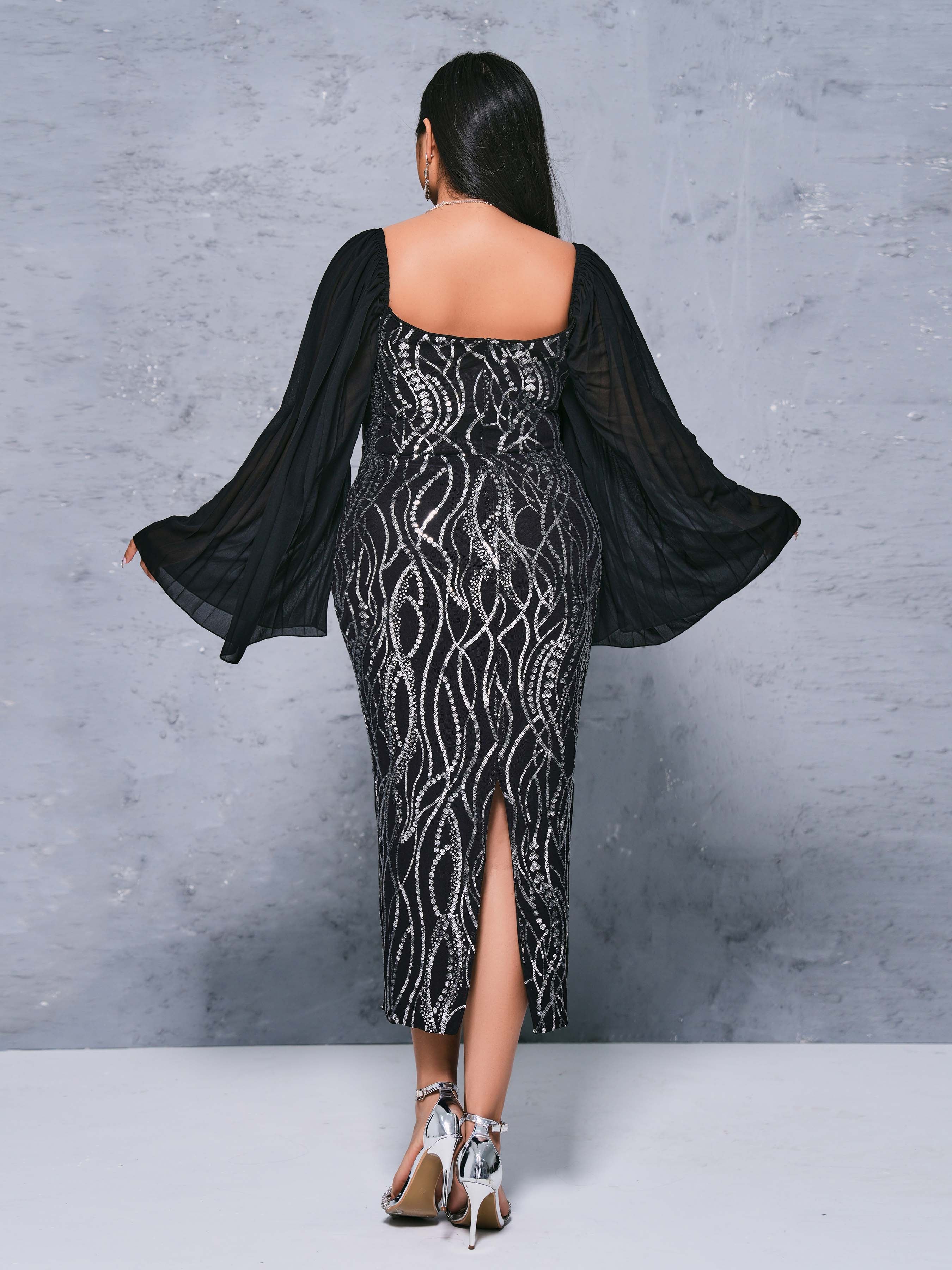 Plus Panel Sleeve Sequin Midi Dress PRH308028