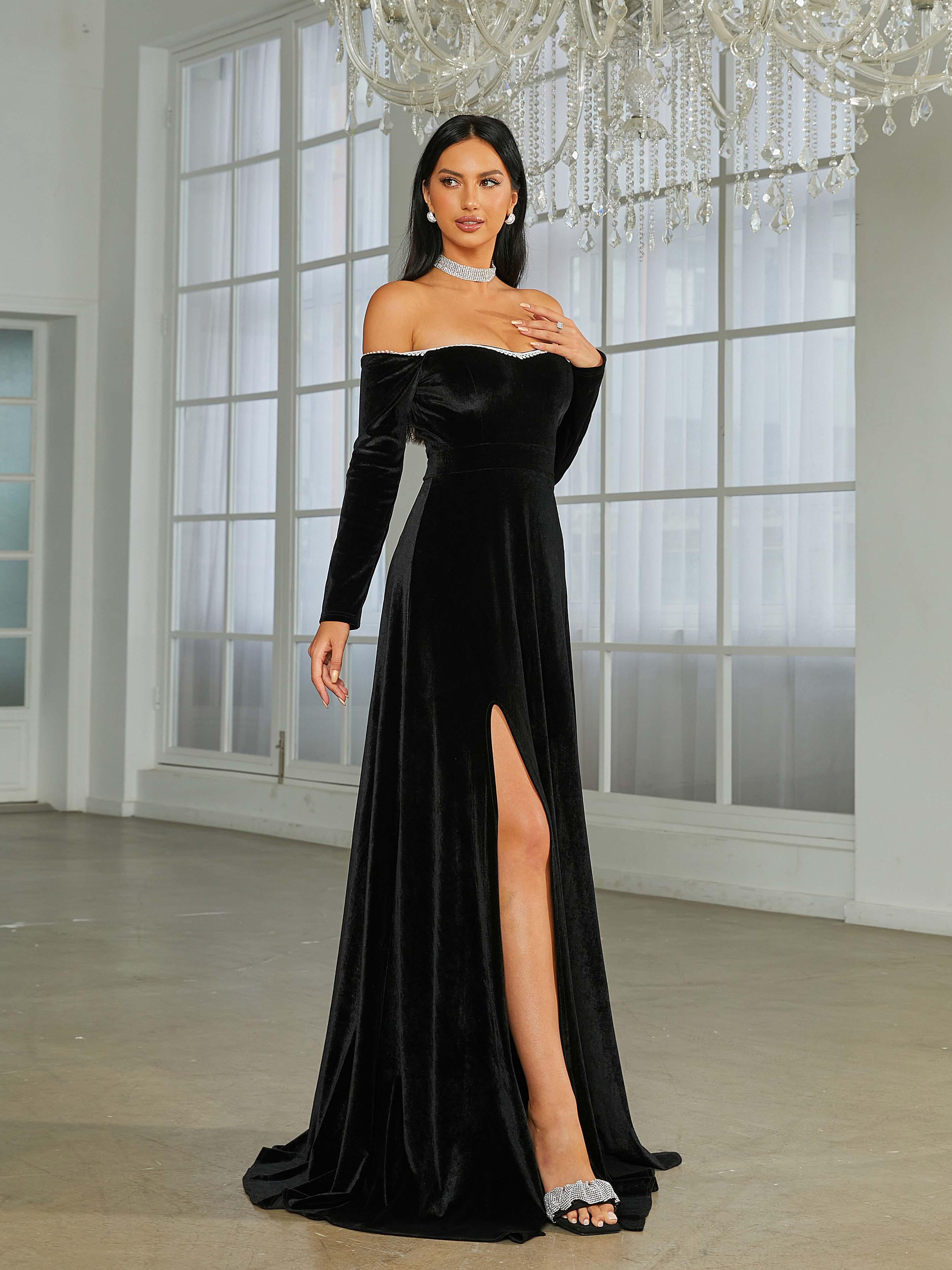 Off Shoulder Split Black Velvet Evening Dress XJ1946 - MISS ORD