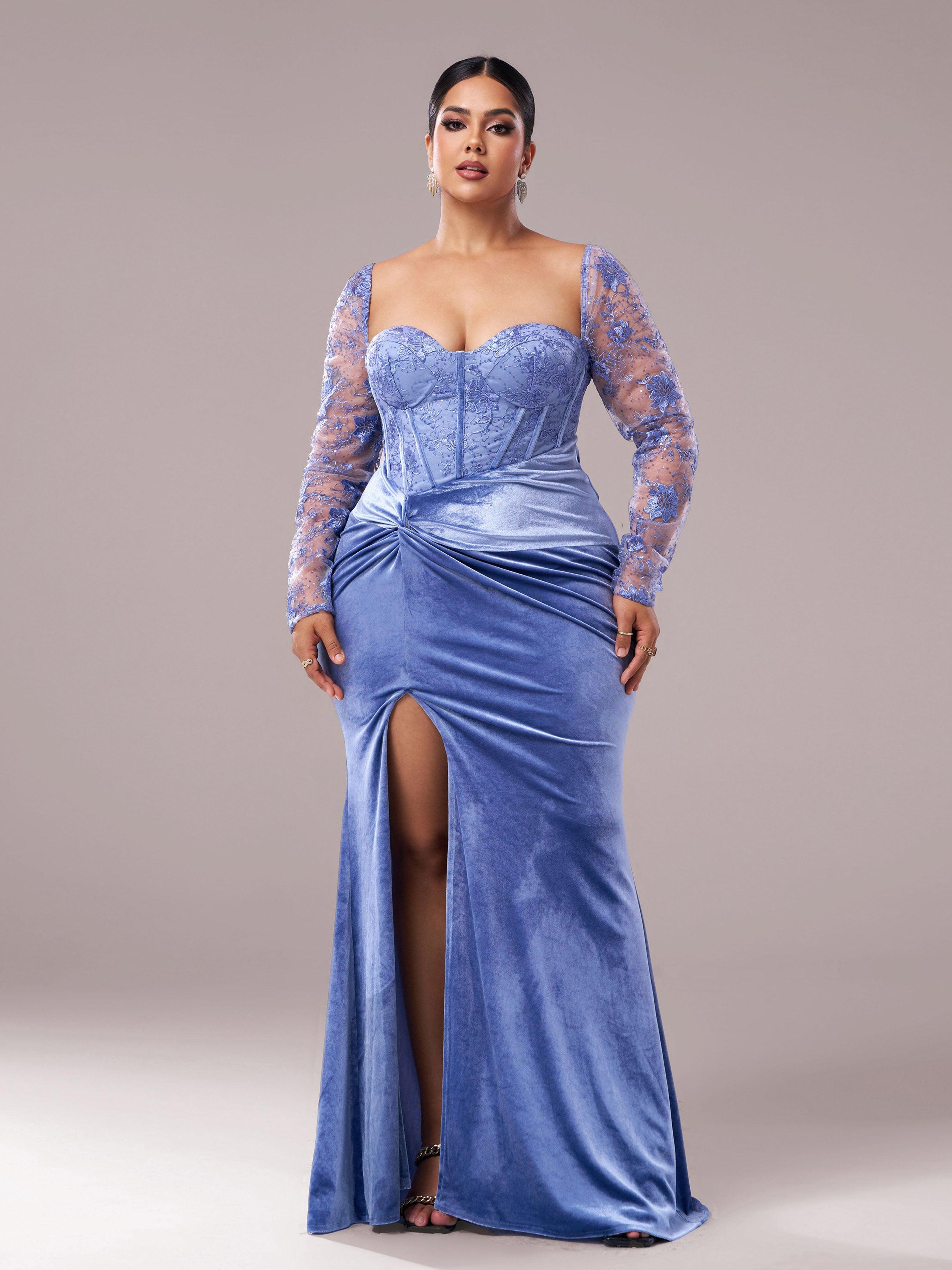 Plus Blue Corset Embroidered Split Prom Dress PRX70249 - MISS ORD