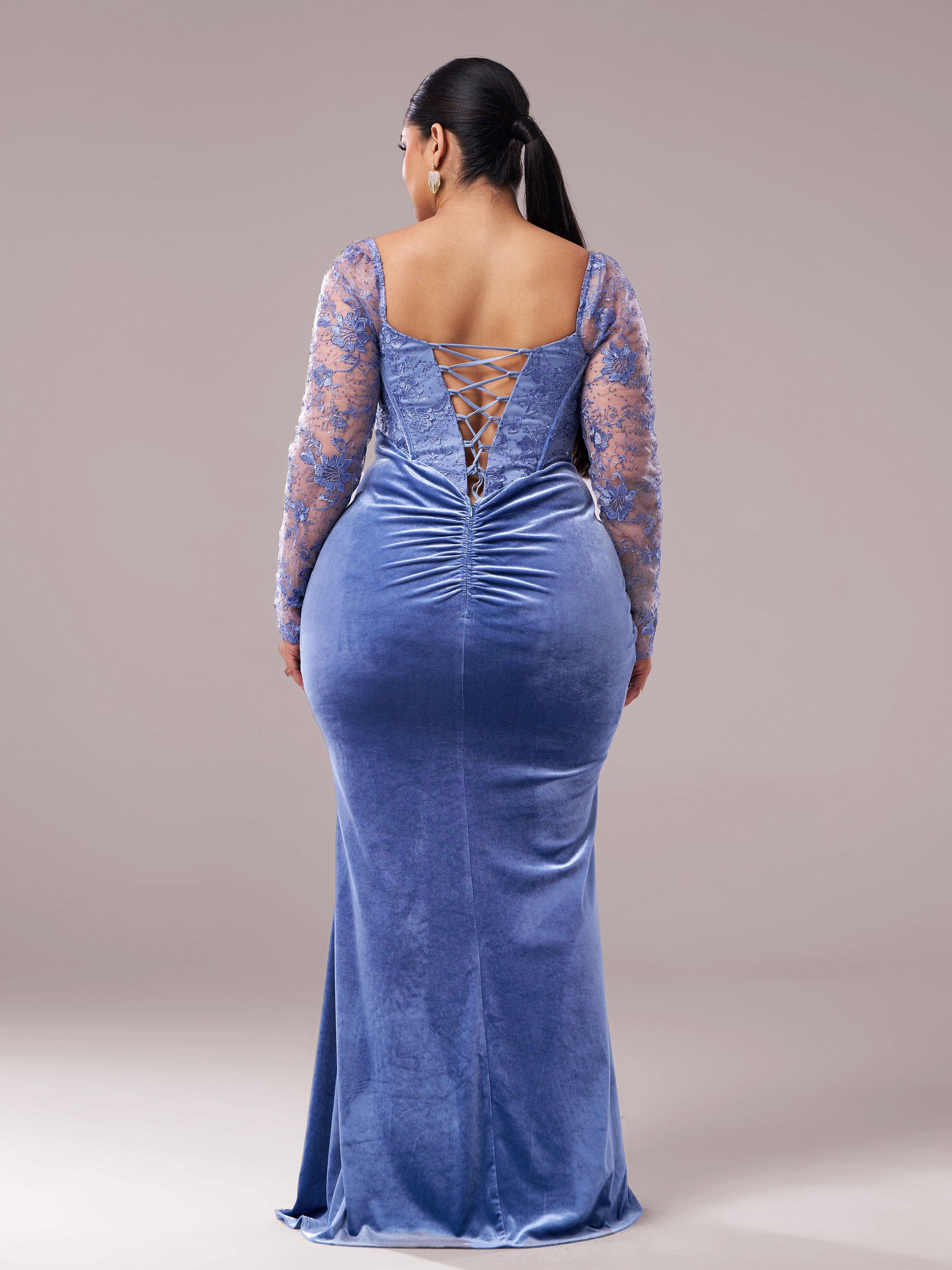 Plus Blue Corset Embroidered Split Prom Dress PRX70249 - MISS ORD