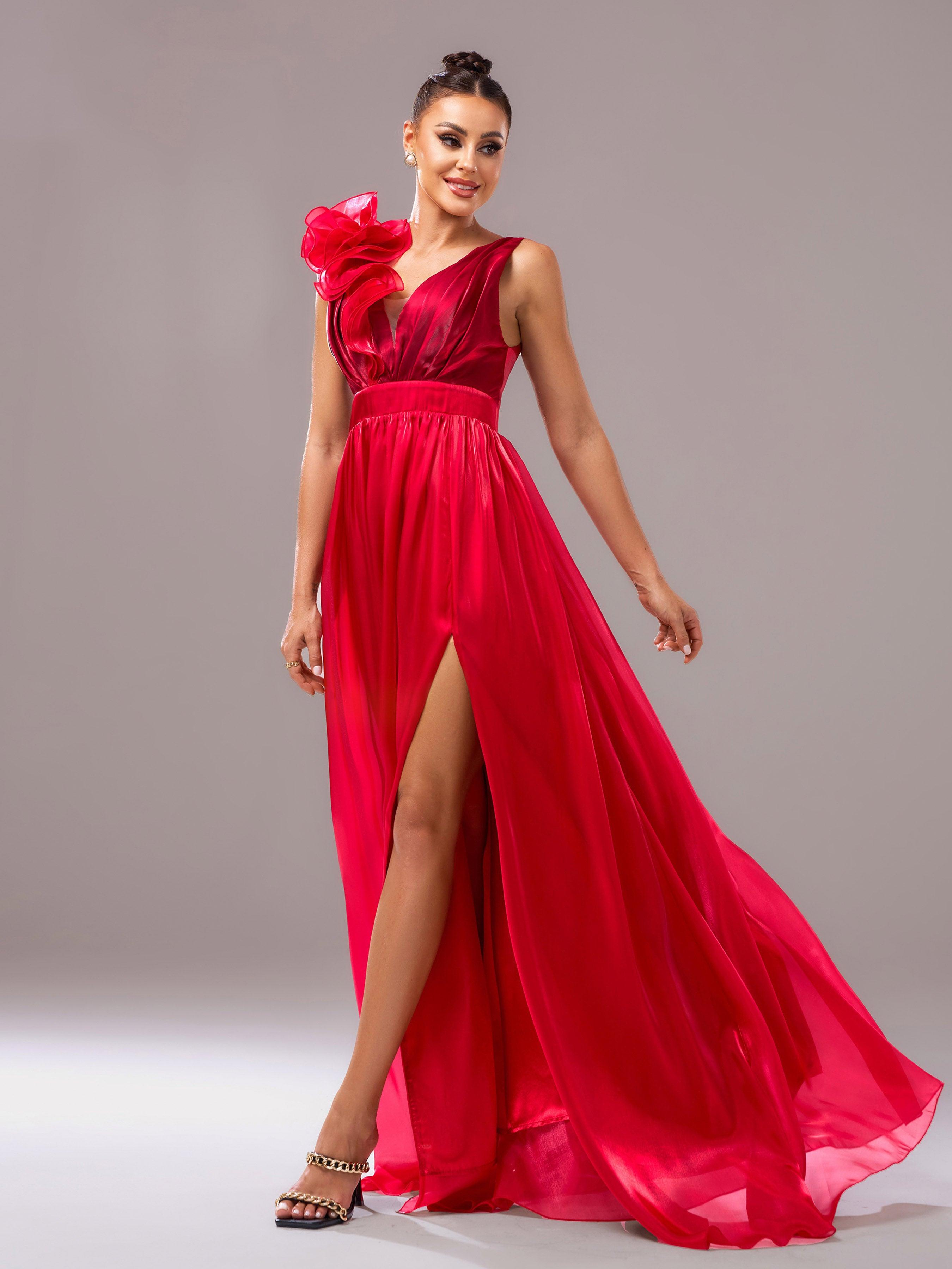 Red Floral Satin V-Neck A-line Evening Dress GZ60108 - MISS ORD