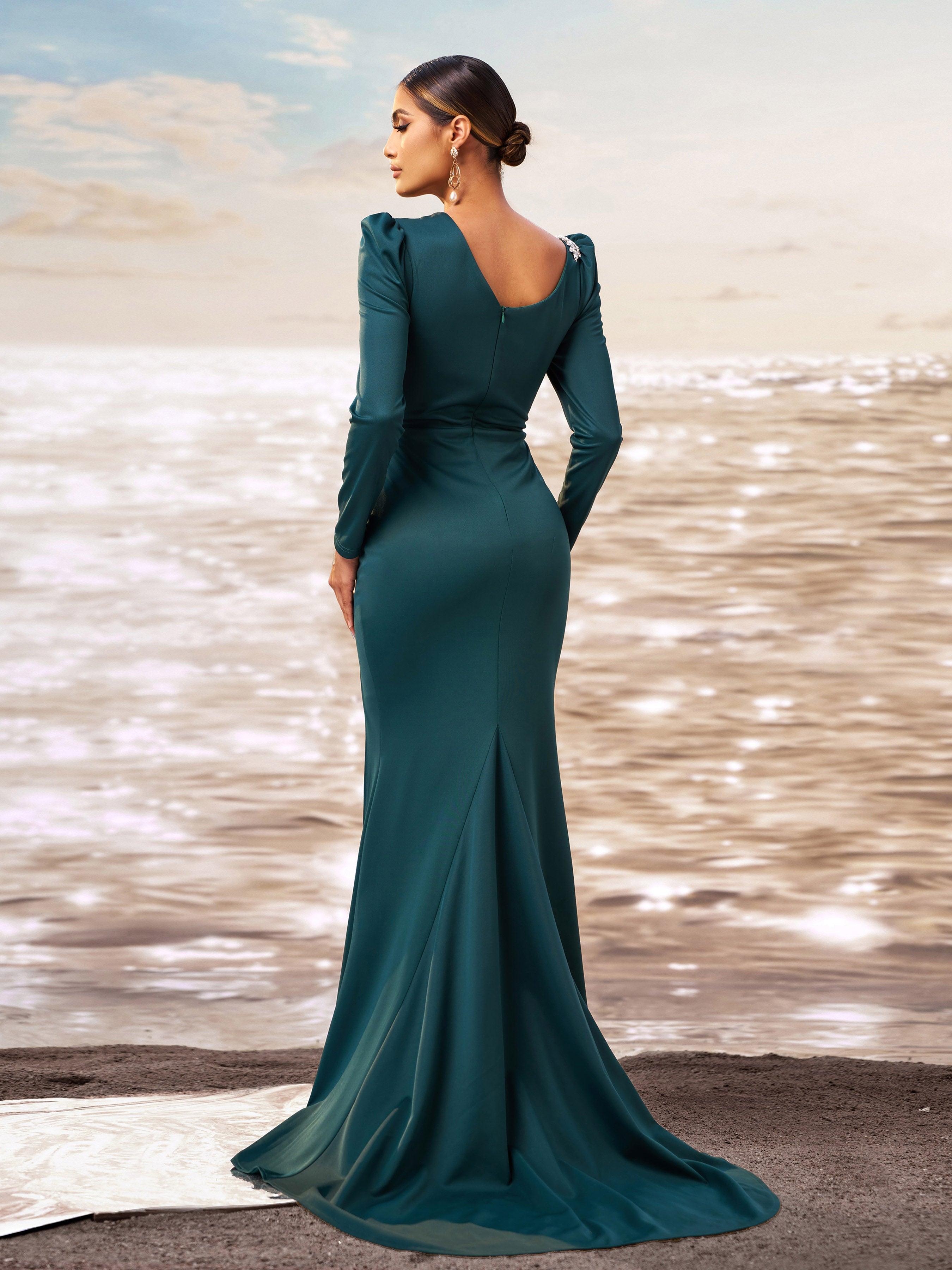 Dark Green Long Sleeve Mermaid Split Dress GM00676 - MISS ORD