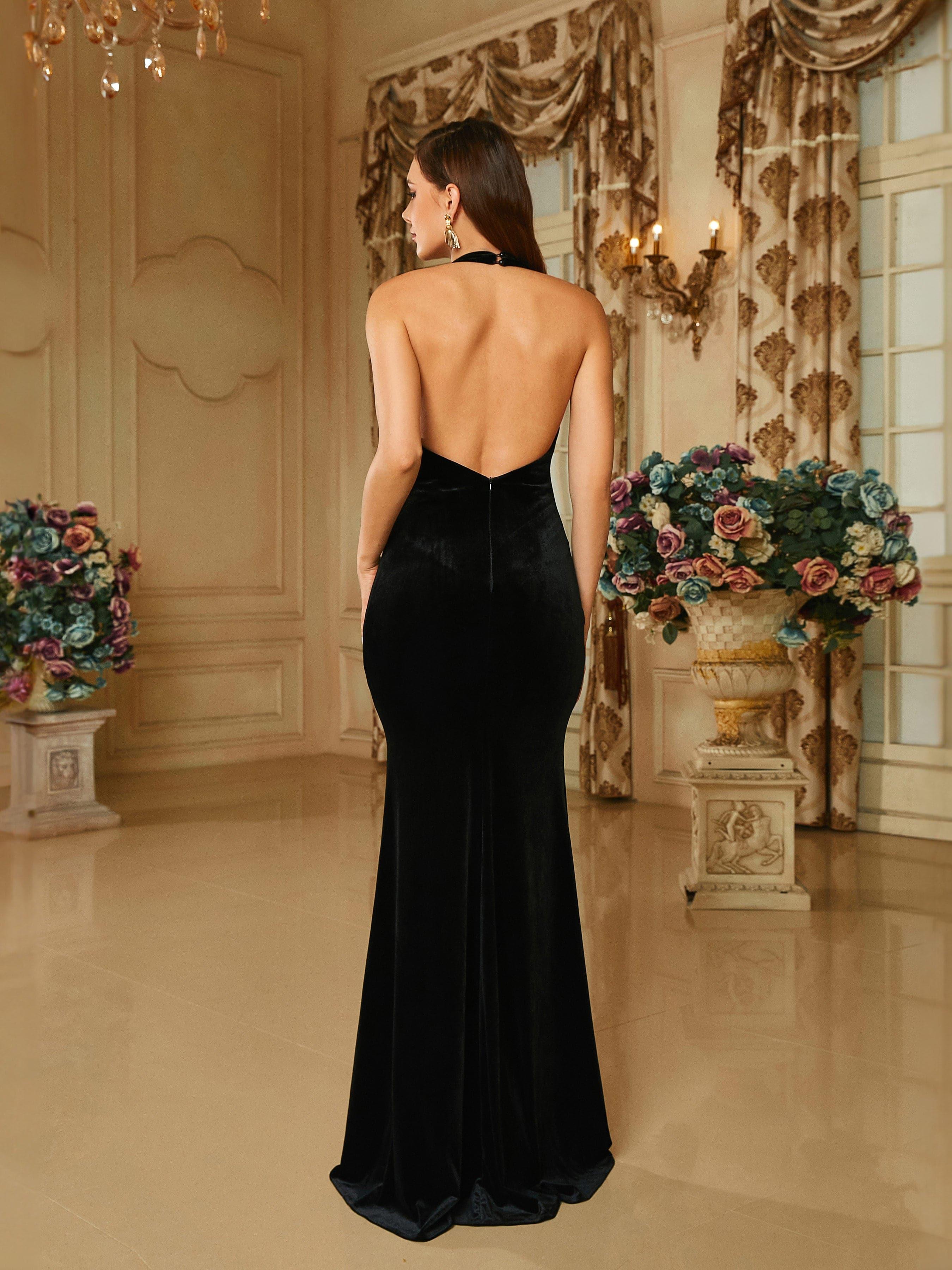 Deep V-Neck Halter Velvet Black Evening Dress RJ10421 - MISS ORD
