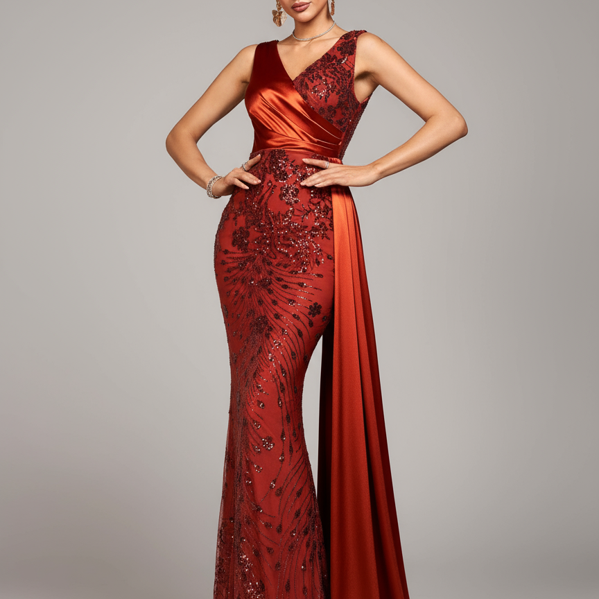 Elegant Drape Satin and Sequin Embellished Mermaid Evening Gown RJ12169