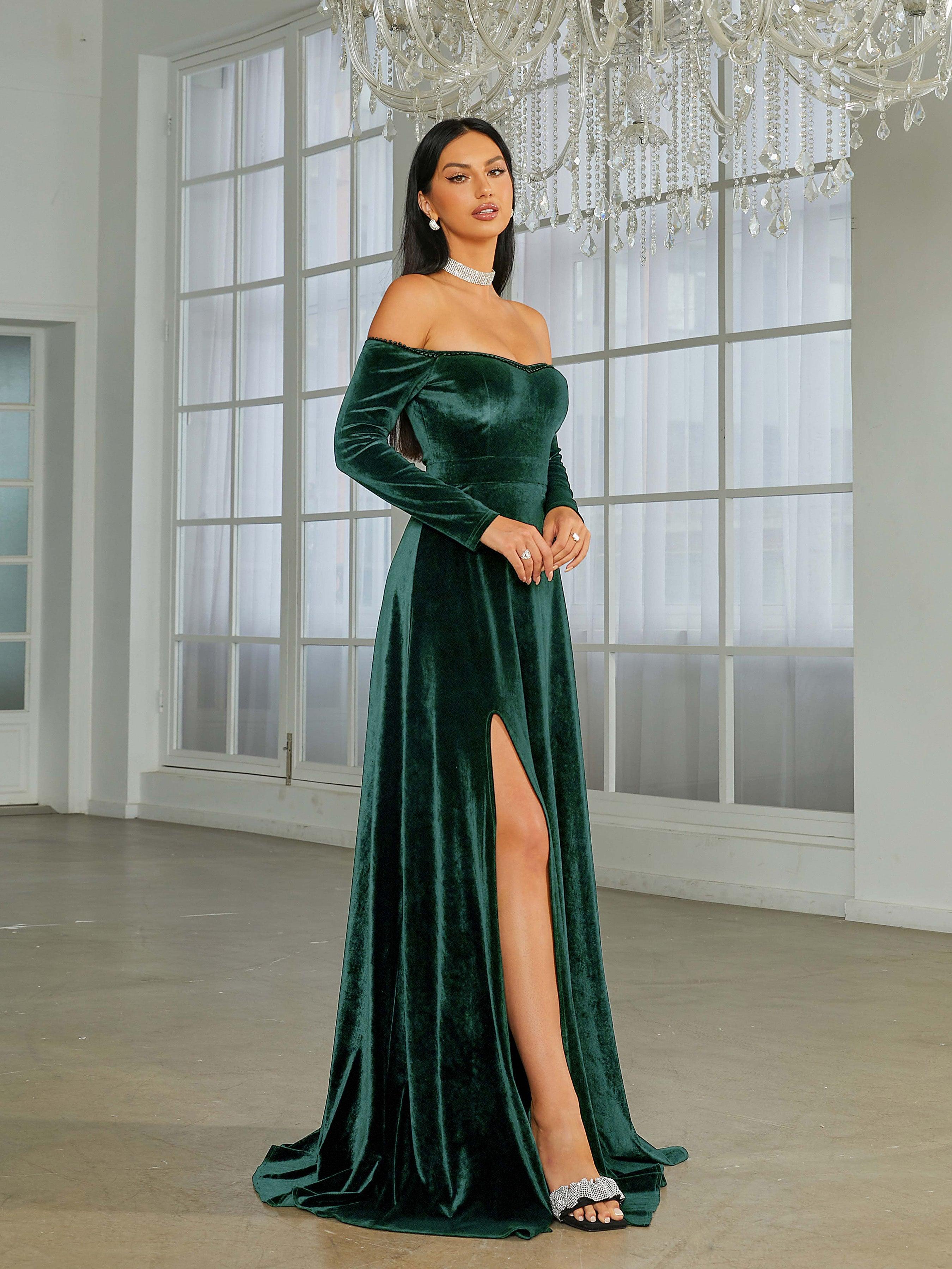 Off Shoulder Split Black Velvet Evening Dress XJ1946 - MISS ORD