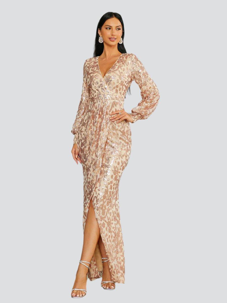 V-neck Split Sequin Wedding Guest Dress M01207 - MISS ORD