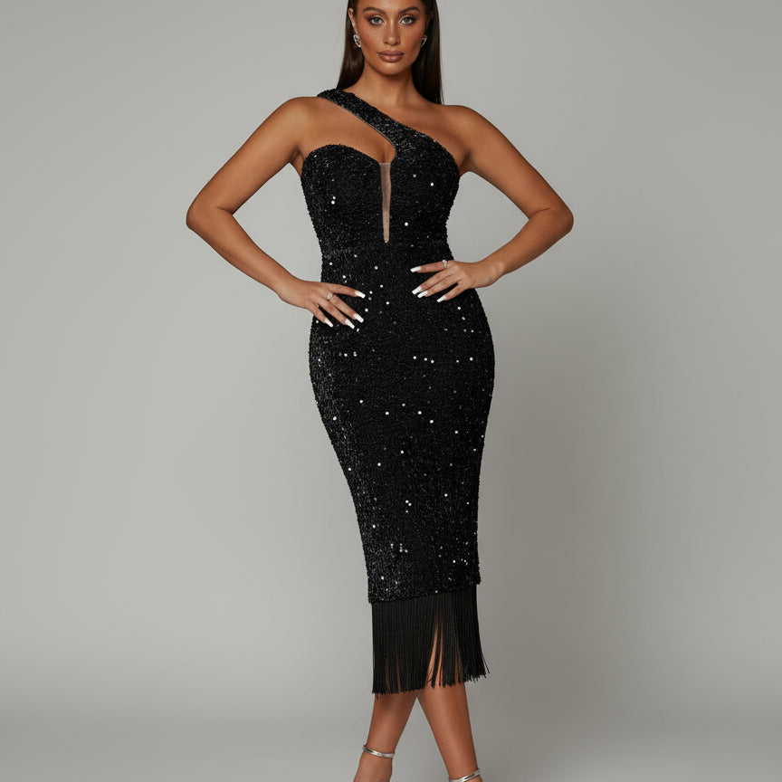 One Shoulder Fringed Midi Dress M02182