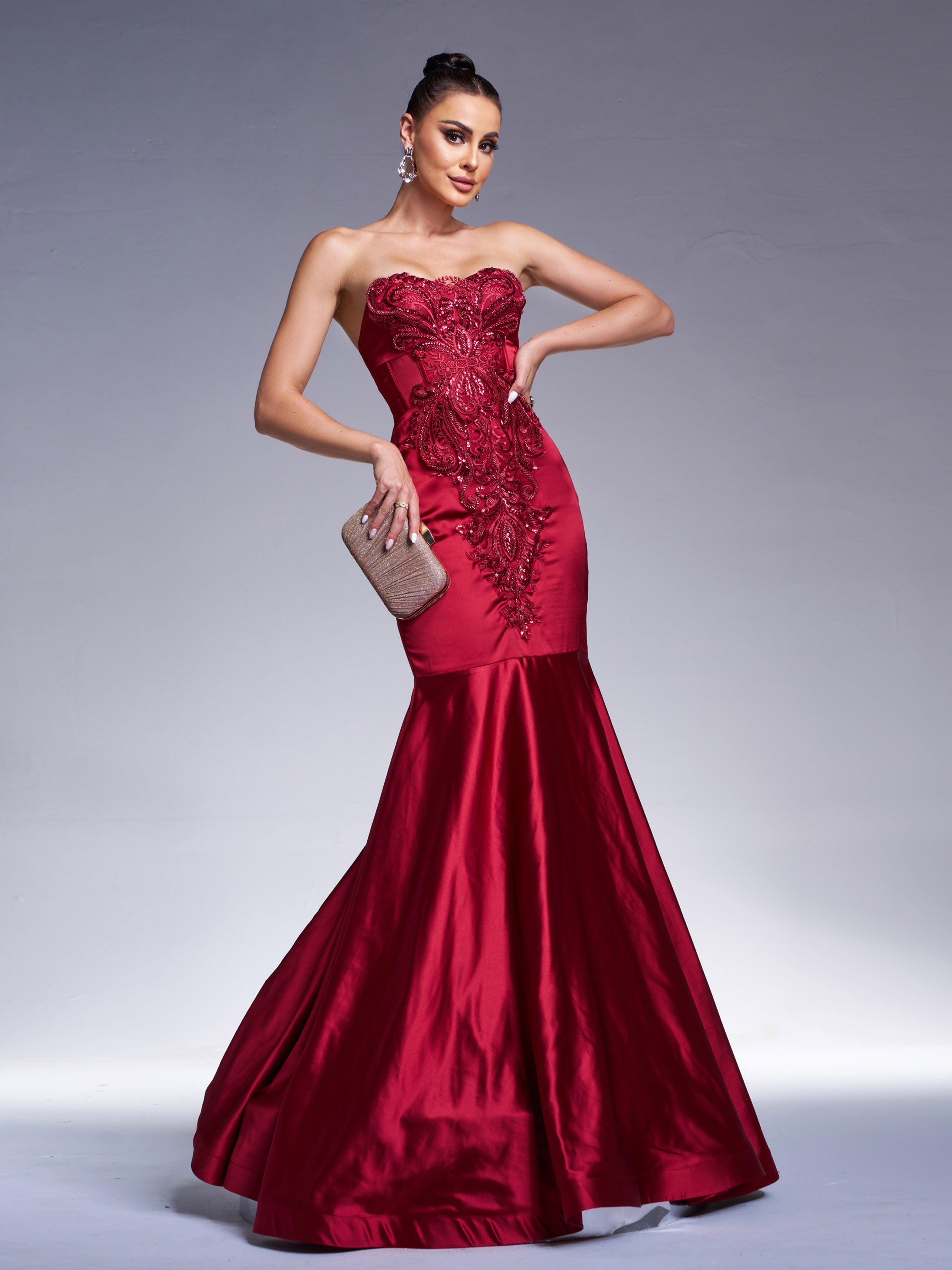 Red Strapless Embroidered Mermaid Evening Dress RX70101 - MISS ORD