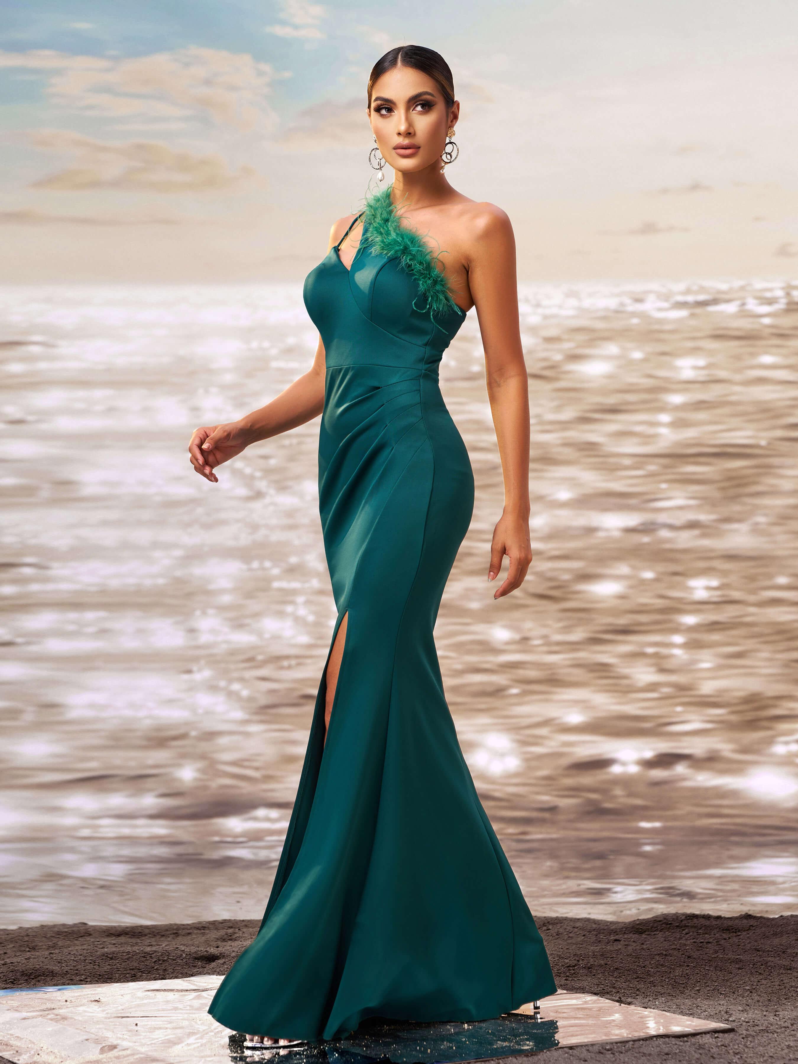 One Shoulder Feather Cutout Formal Dress GM90010 - MISS ORD