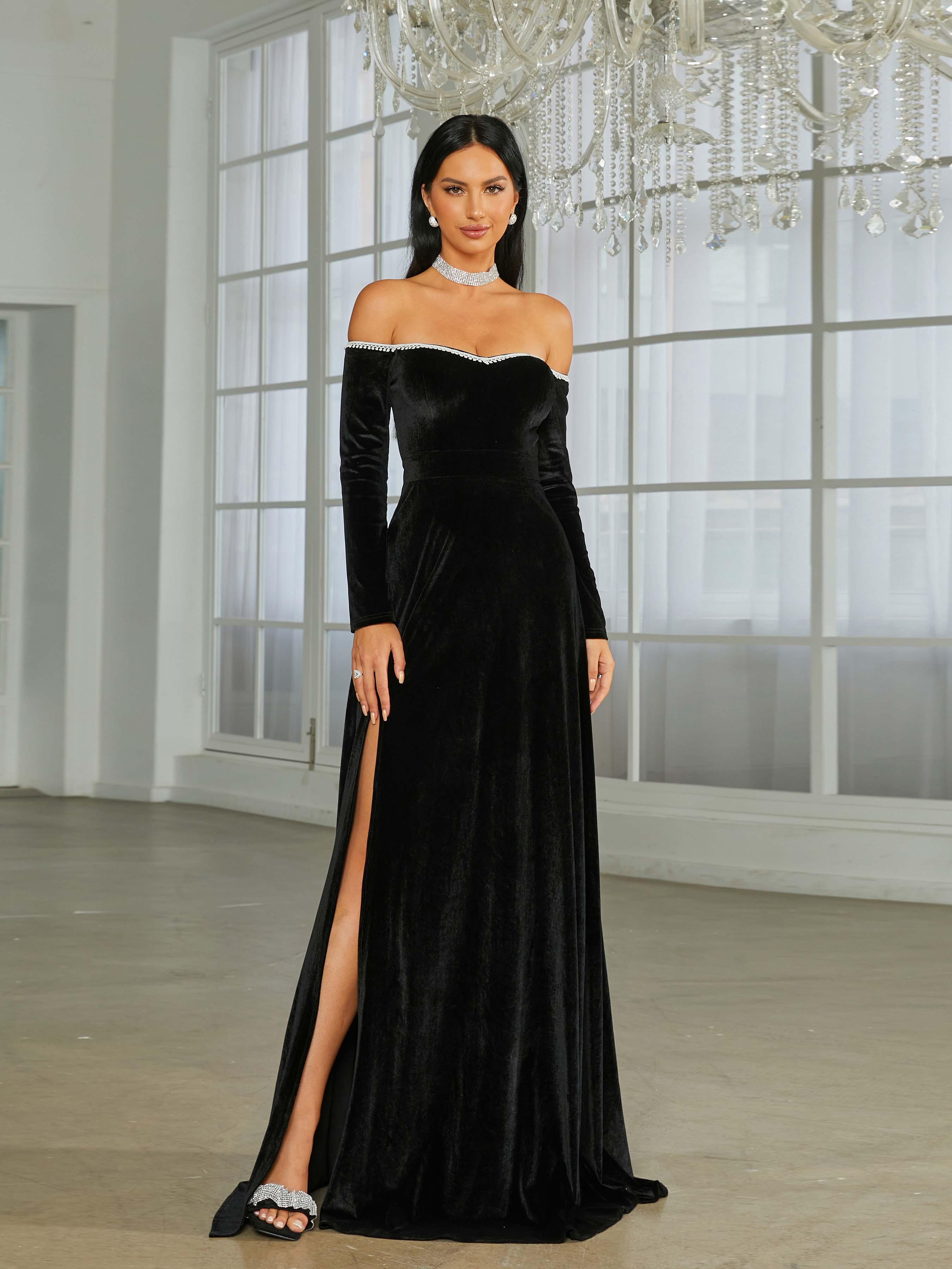 Off Shoulder Split Black Velvet Evening Dress XJ1946 - MISS ORD