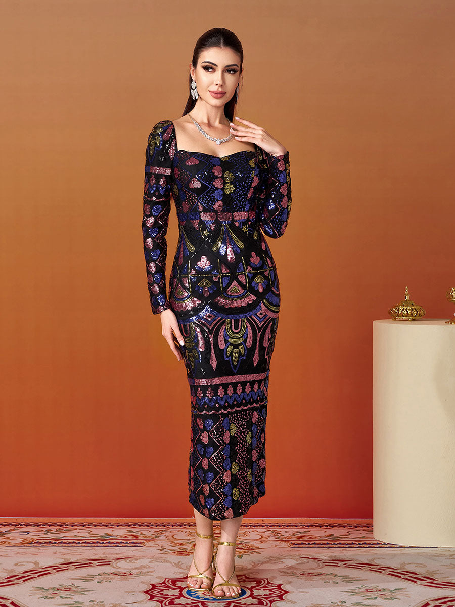 Square Neck Long Sleeve Split Sequin Dress RM20830 - MISS ORD