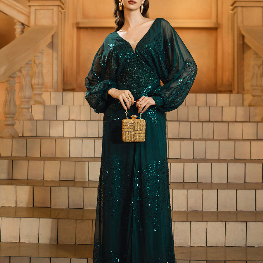 Lantern Sleeve V-Neck High Split Black Prom Dress RM21107