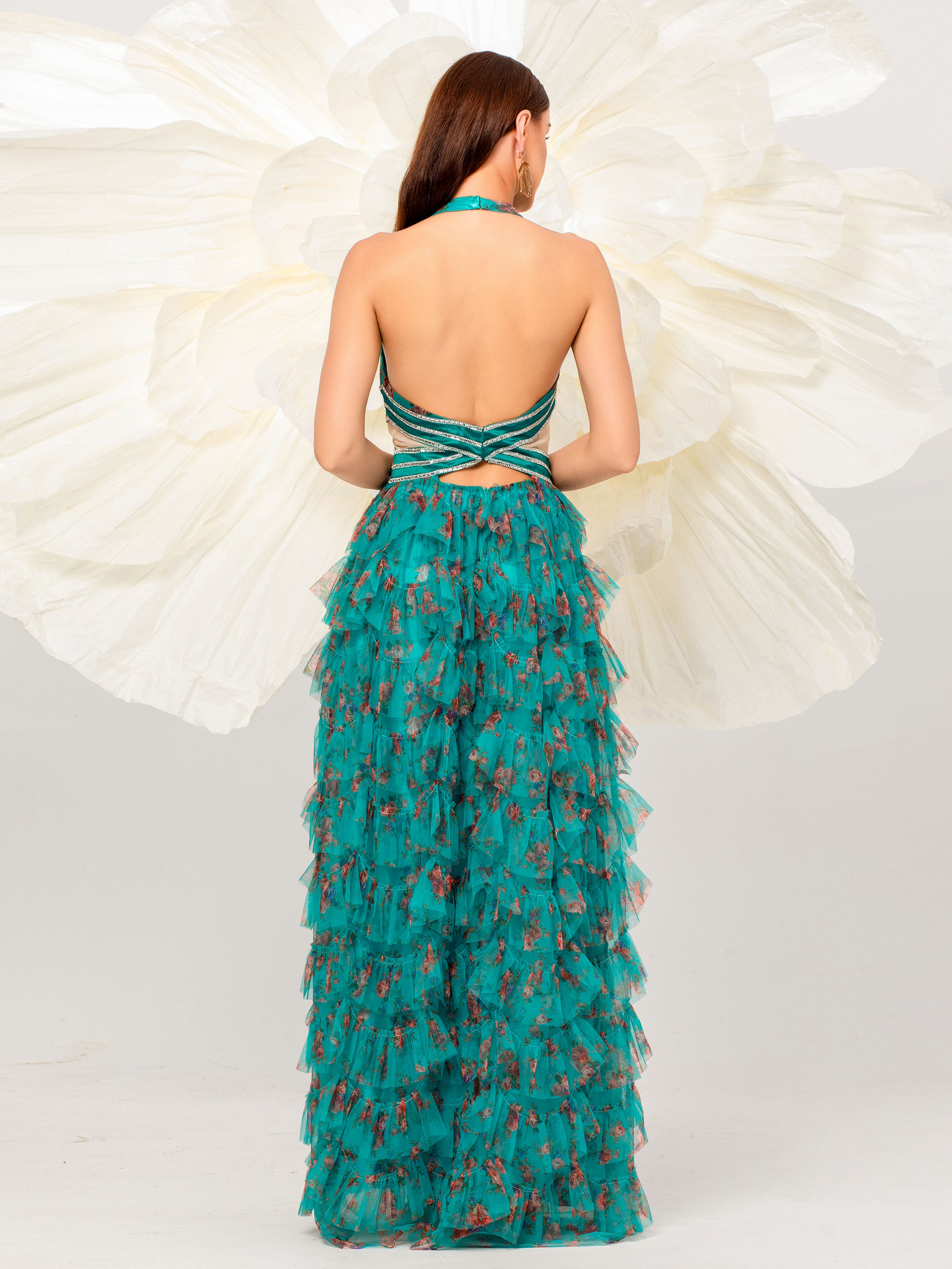 Halter Open Back Floral Tulle Dress DH80068
