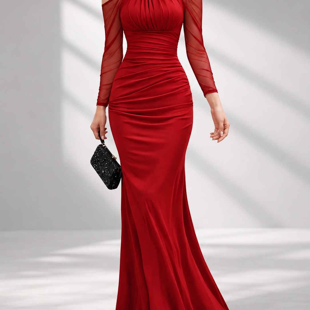 Mesh Halter Neck Long Sleeve Ruched Mermaid Maxi Evening Dress