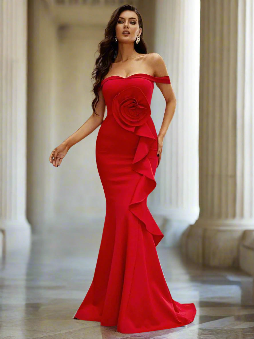 Off Shoulder Ruffled Evening Dress M02117 - MISS ORD