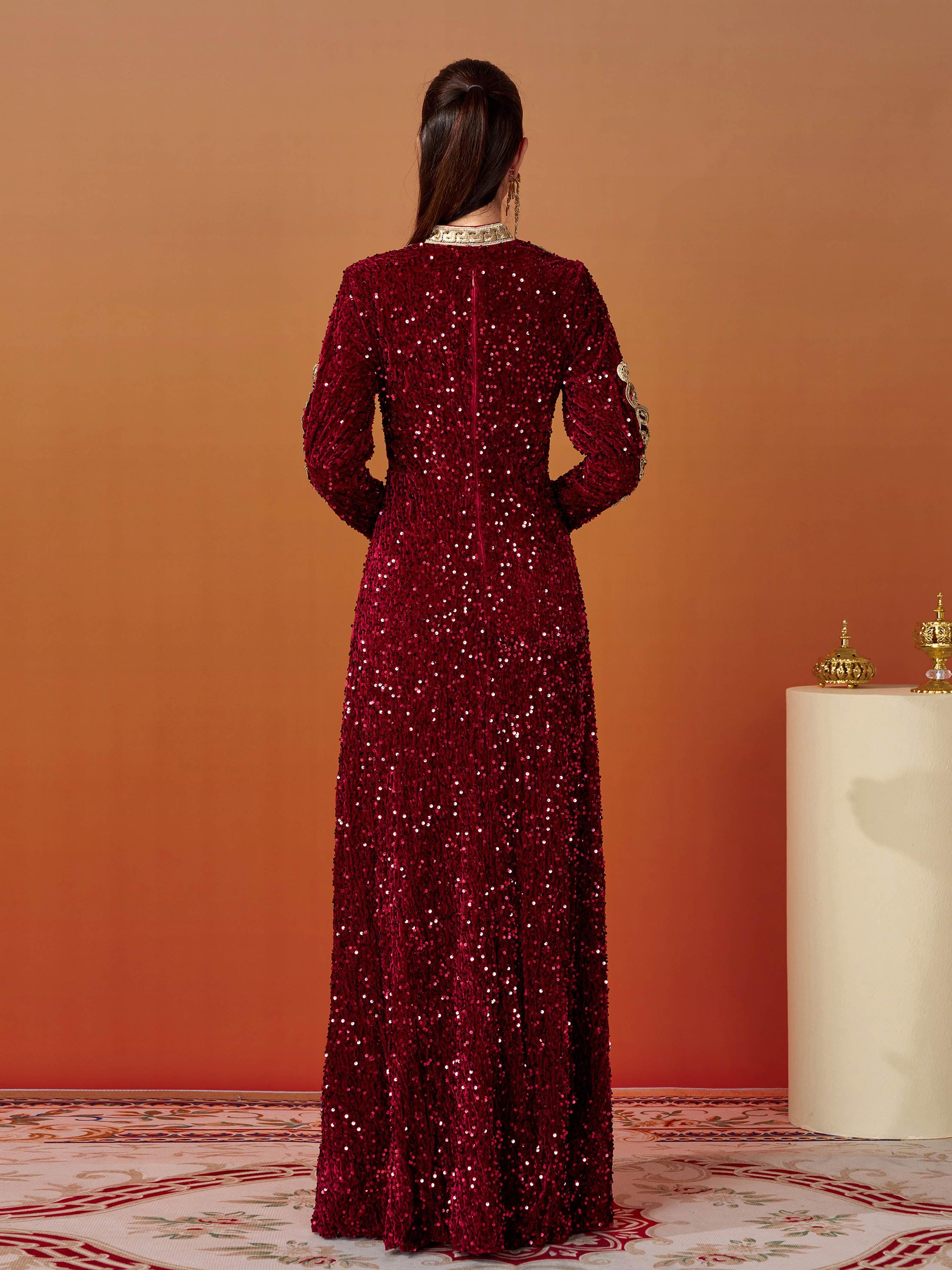 Long Sleeve A-Line Sequin Maxi Dress MES00370 - MISS ORD