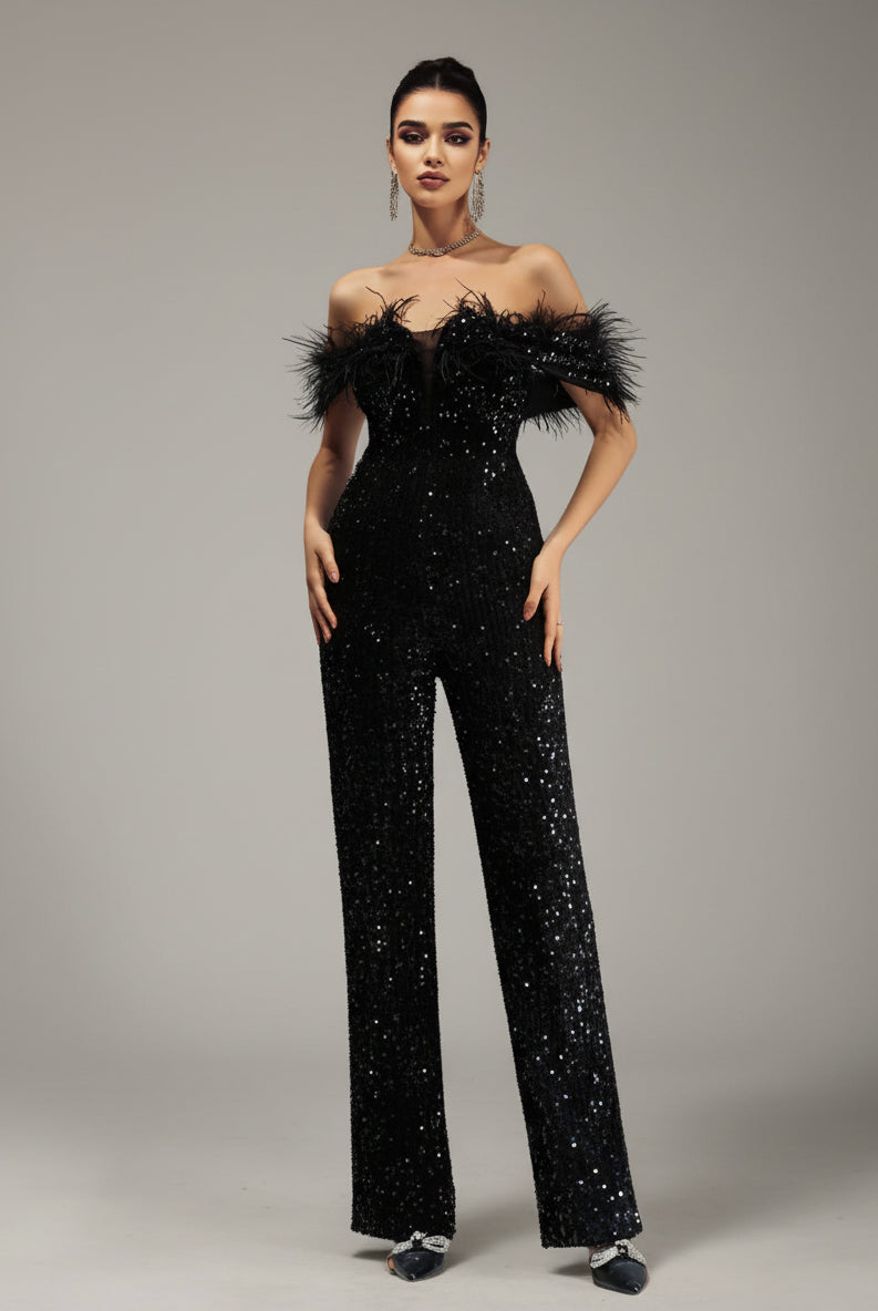 Off Shoulder Feather Jumpsuits M02251 - MISS ORD
