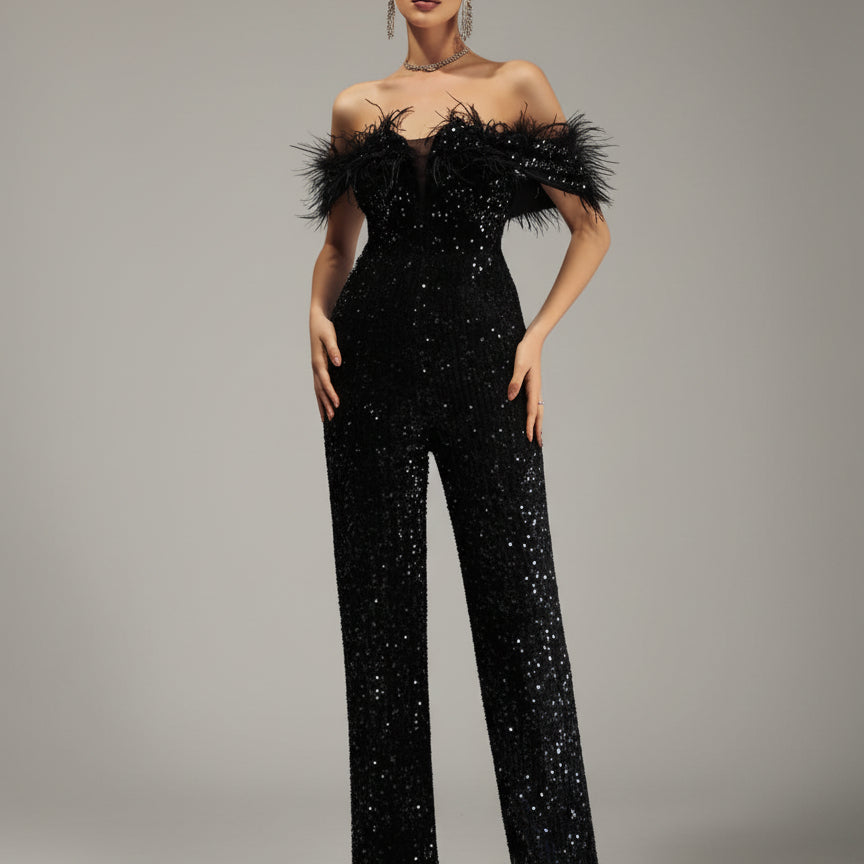 Off Shoulder Feather Jumpsuits M02251 - MISS ORD