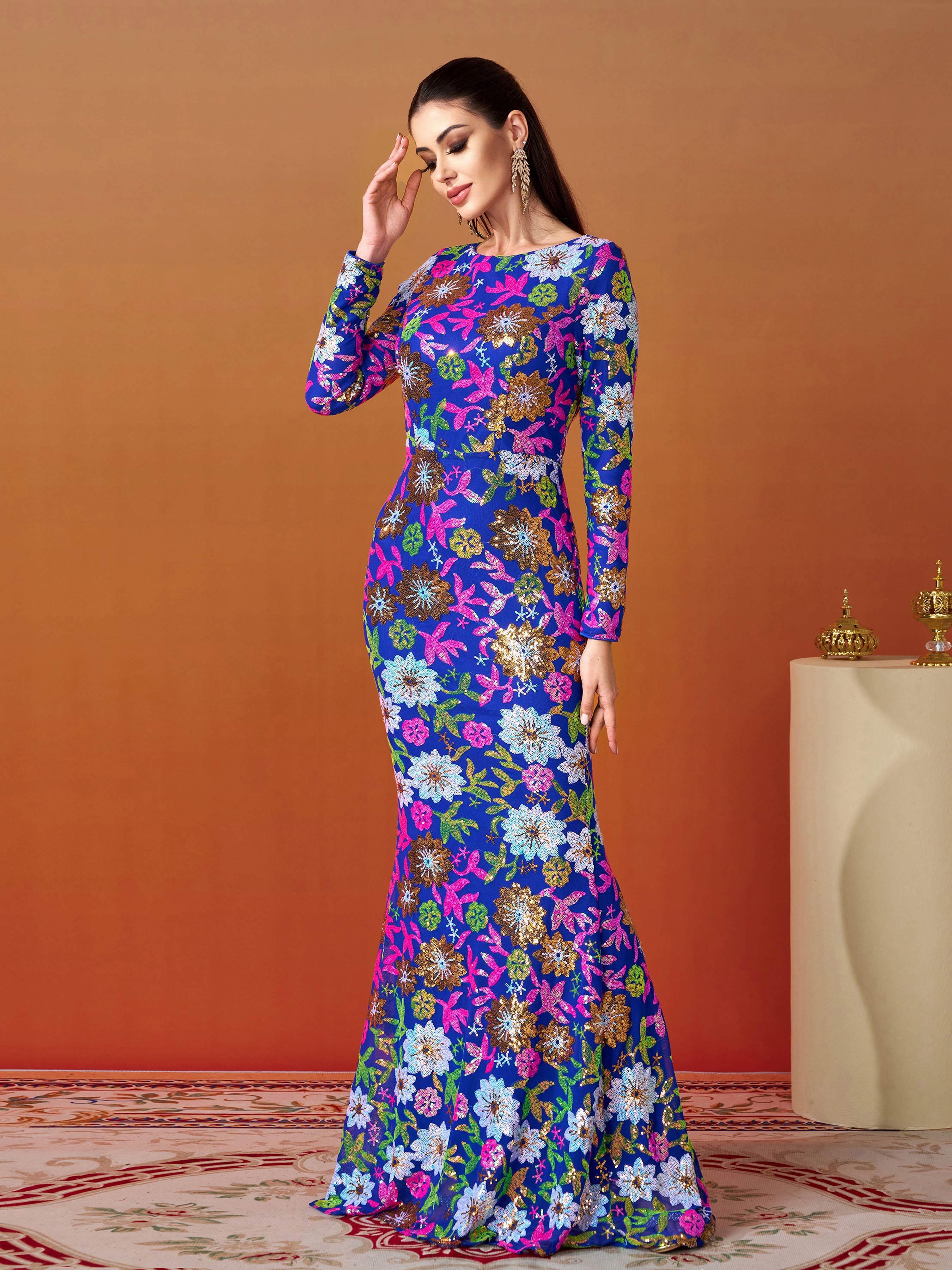 Crew Neck Floral Sequin Dress RJ10987 - MISS ORD