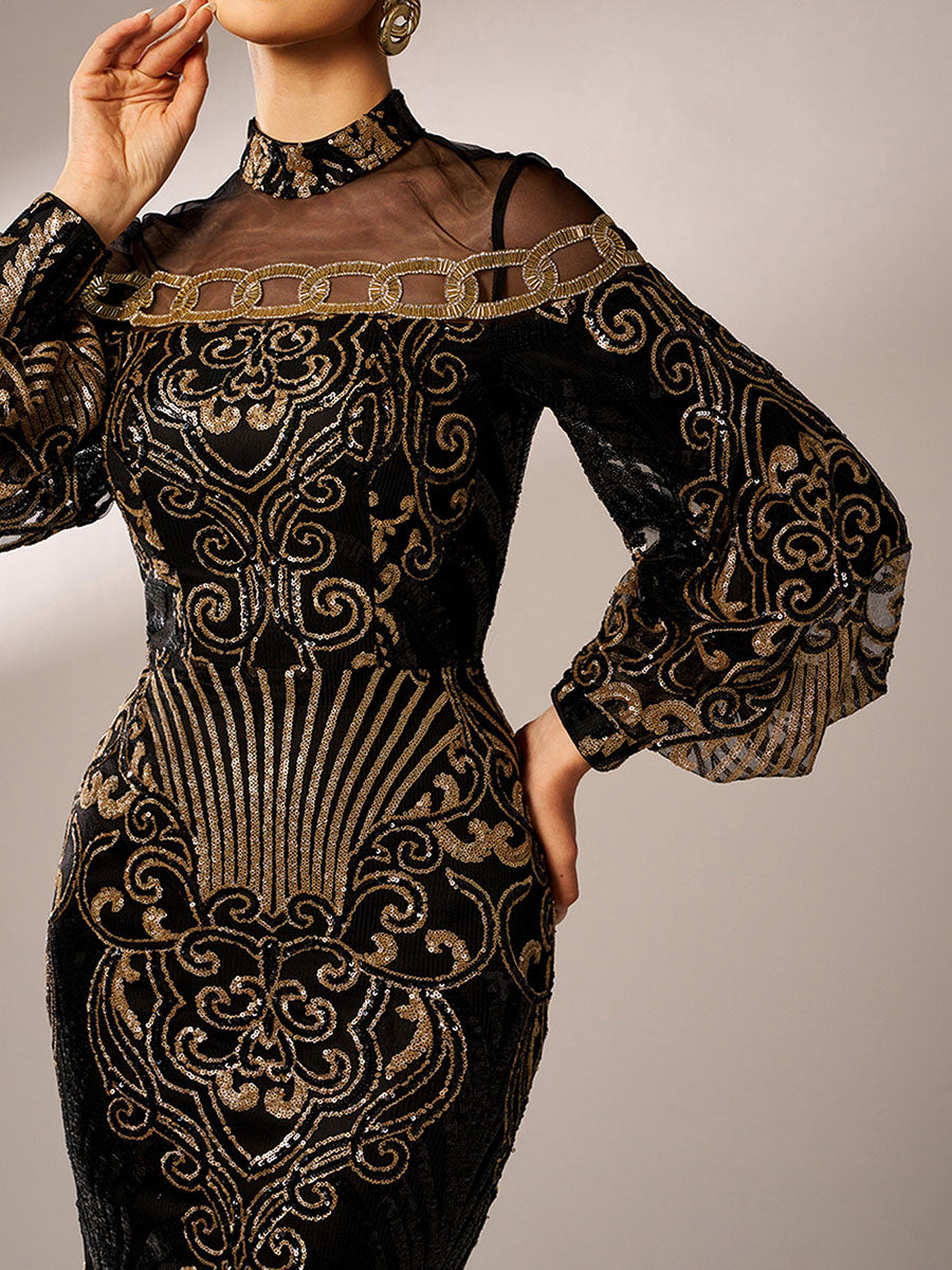 Luxe Embroidered Ballon Sleeve Evening Dress DH80229 - MISS ORD