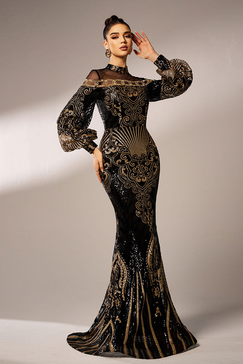 Luxe Embroidered Ballon Sleeve Evening Dress DH80229 - MISS ORD