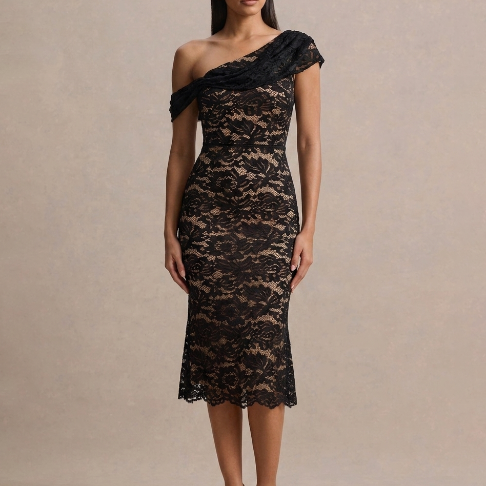 One Shoulder Floral Lace Midi Dress FC25122