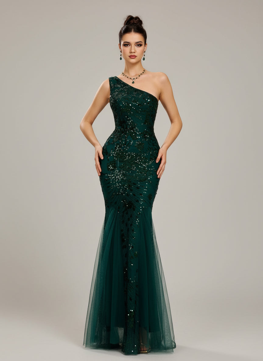 Trumpet/Mermaid One-Shoulder Sleeveless Sweep Train Lustrous Velvet Sequins Dress