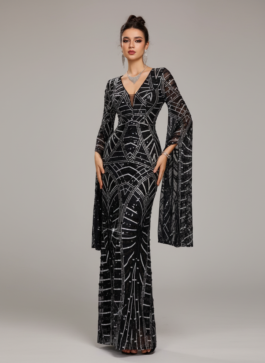 Black Geometric Sequin Bell Sleeve Evening Dress GM010124 – MISS ORD